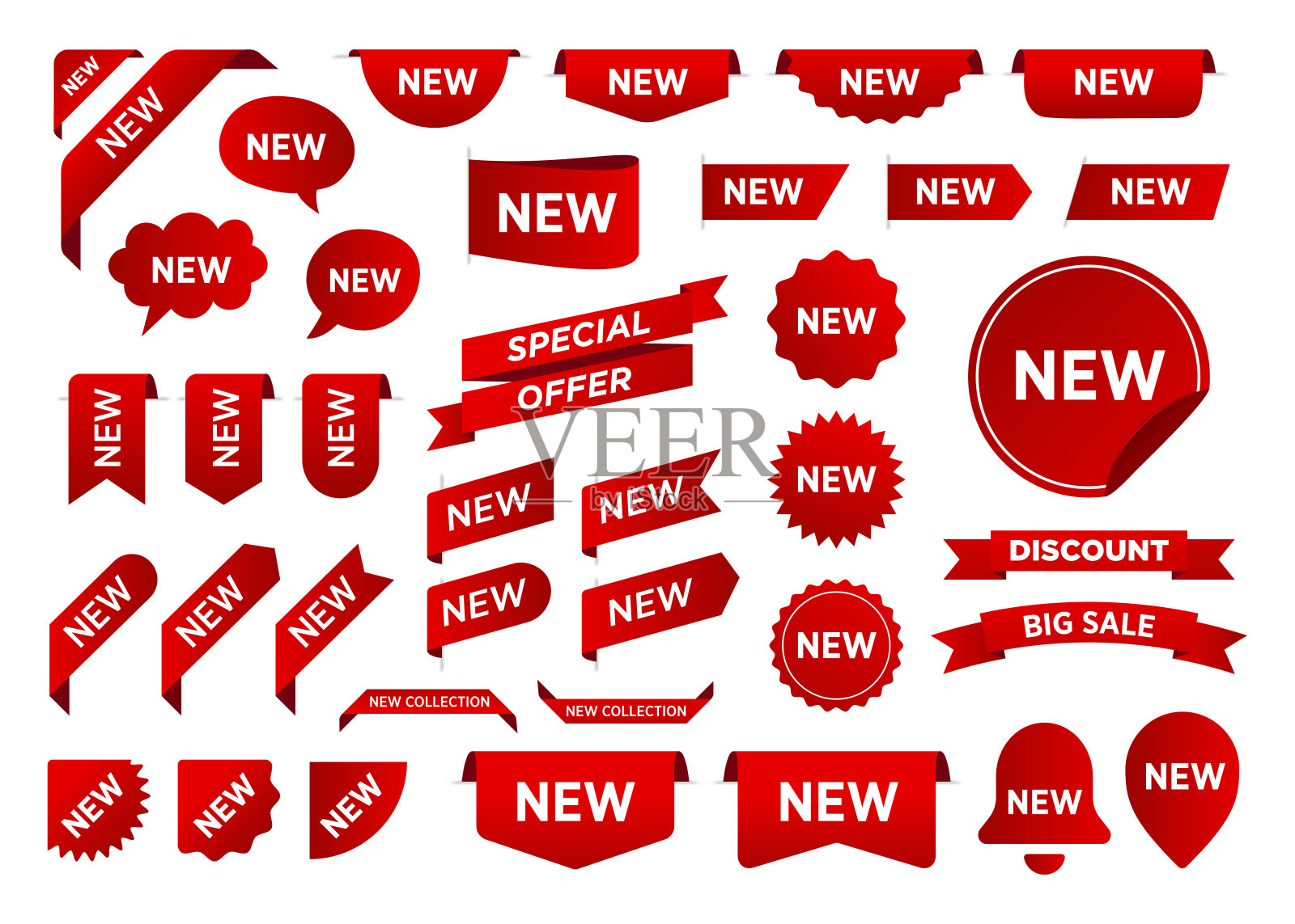 销售贴纸和新到店产品标签集，新标签或销售海报和横幅图标模板。折扣丝带。特别优惠价。红色孤立在白色背景，矢量插图。每股收益10设计元素图片