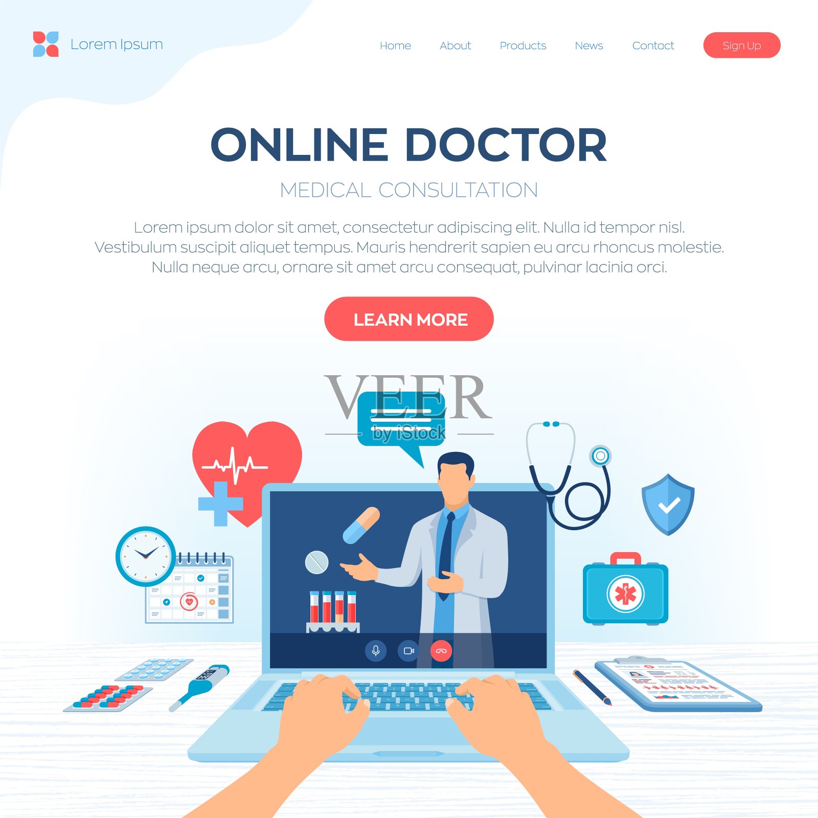 在线医疗咨询与支持服务理念。在线医疗保健和医疗建议。远程医疗电子保健服务。医生在笔记本电脑屏幕上进行视频通话。彩色平面矢量插图插画图片素材