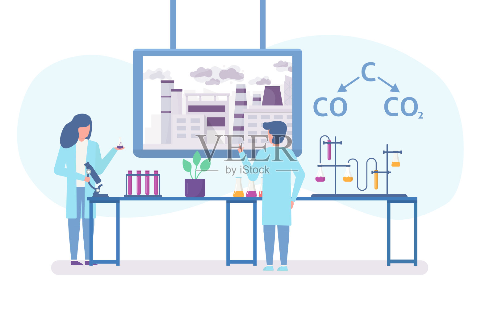 污染城市的生态学化学研究与大气污染平面矢量图解的化学式。插画图片素材