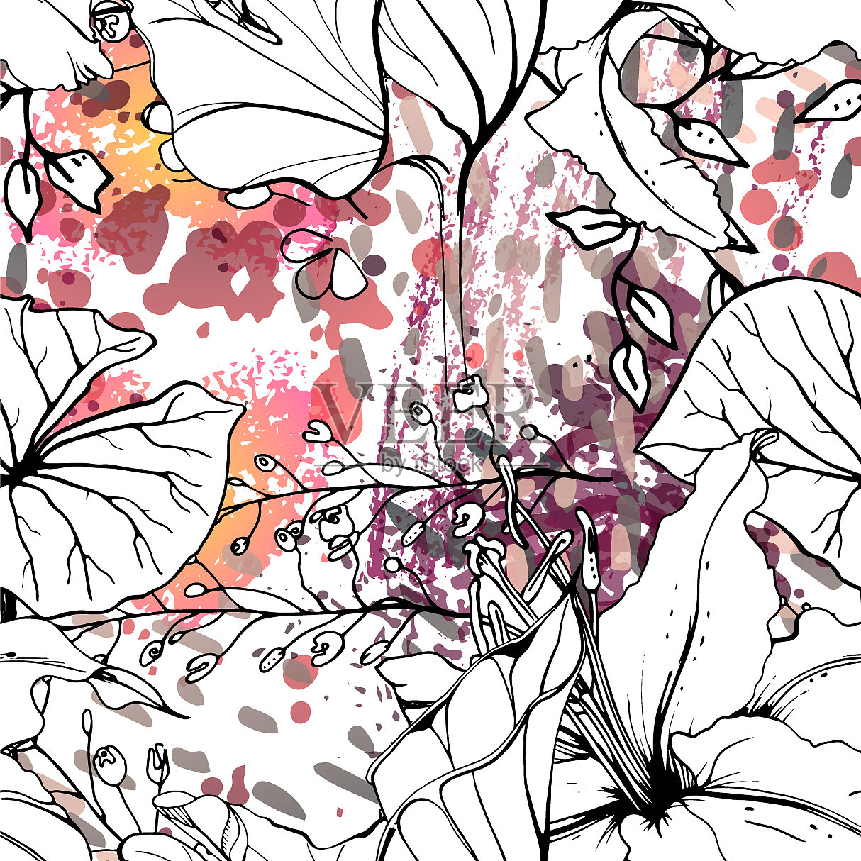 花卉黑白图案现代水彩画插画图片素材