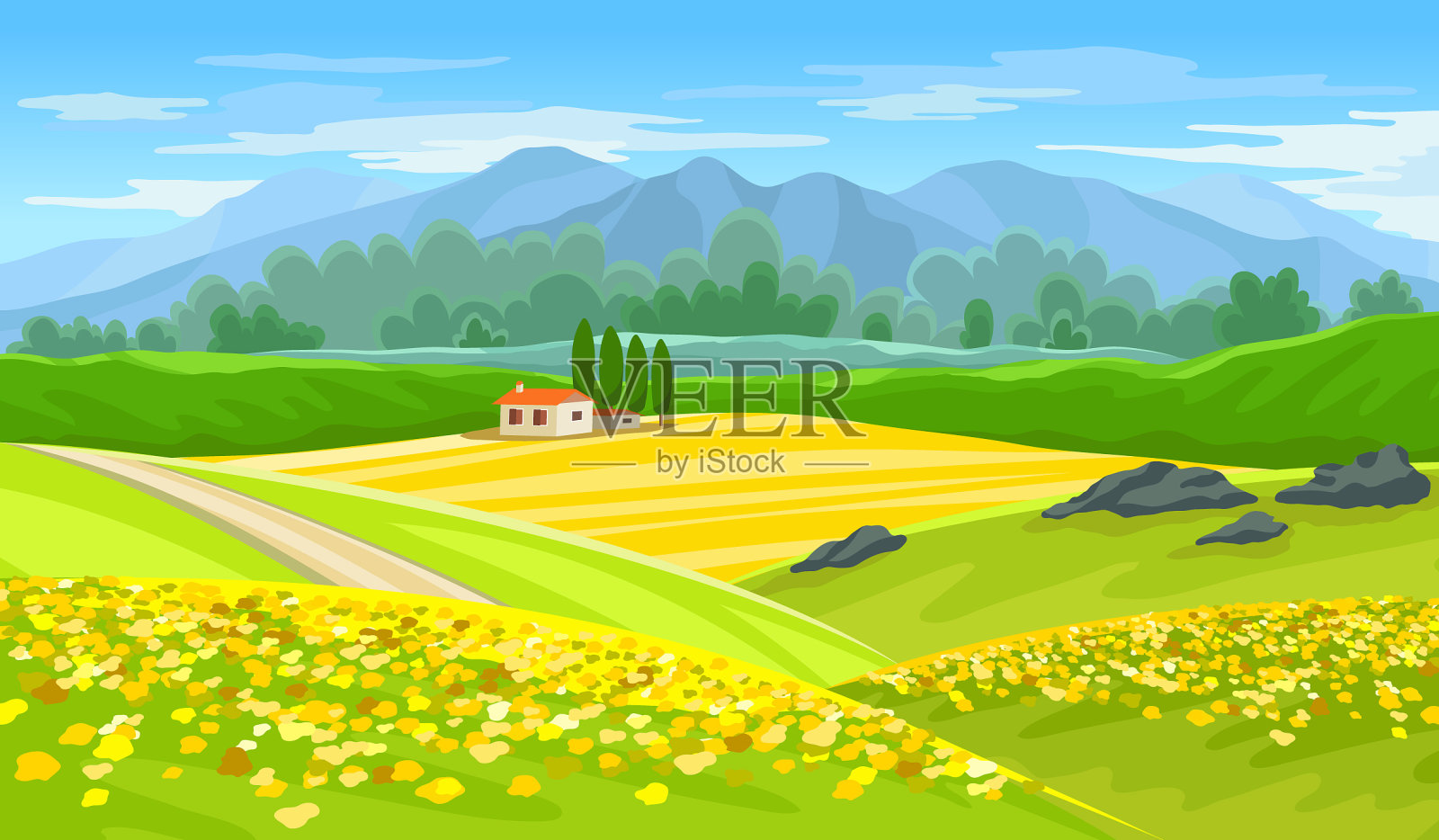 夏日美景与农家和插画图片素材