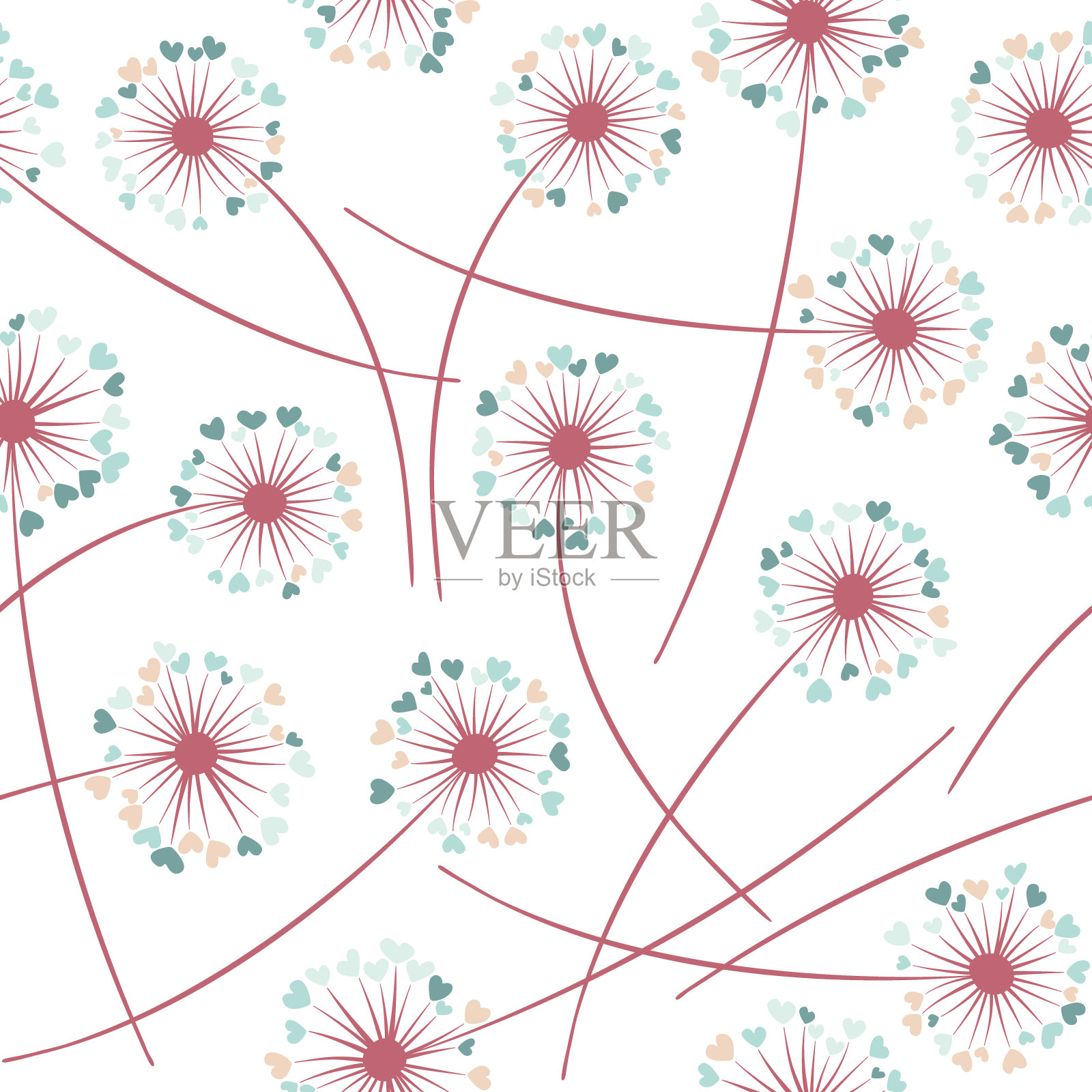 蒲公英吹花植物载体无缝图案。花瓣呈心形。插画图片素材