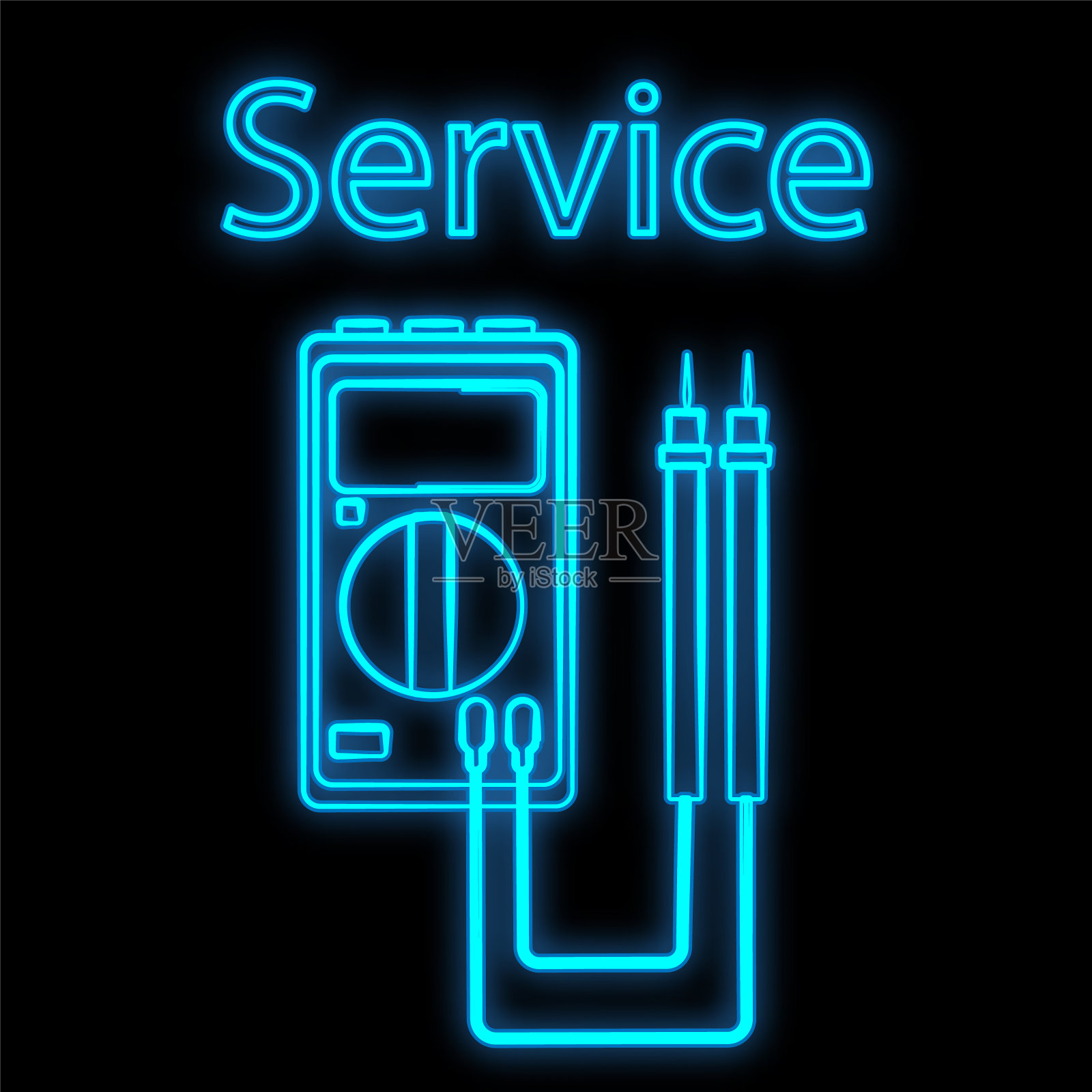 明亮明亮的蓝色工业数字霓虹标识为车间服务中心，黑色背景上的电气测试仪和铭文服务，美丽闪亮。矢量图插画图片素材