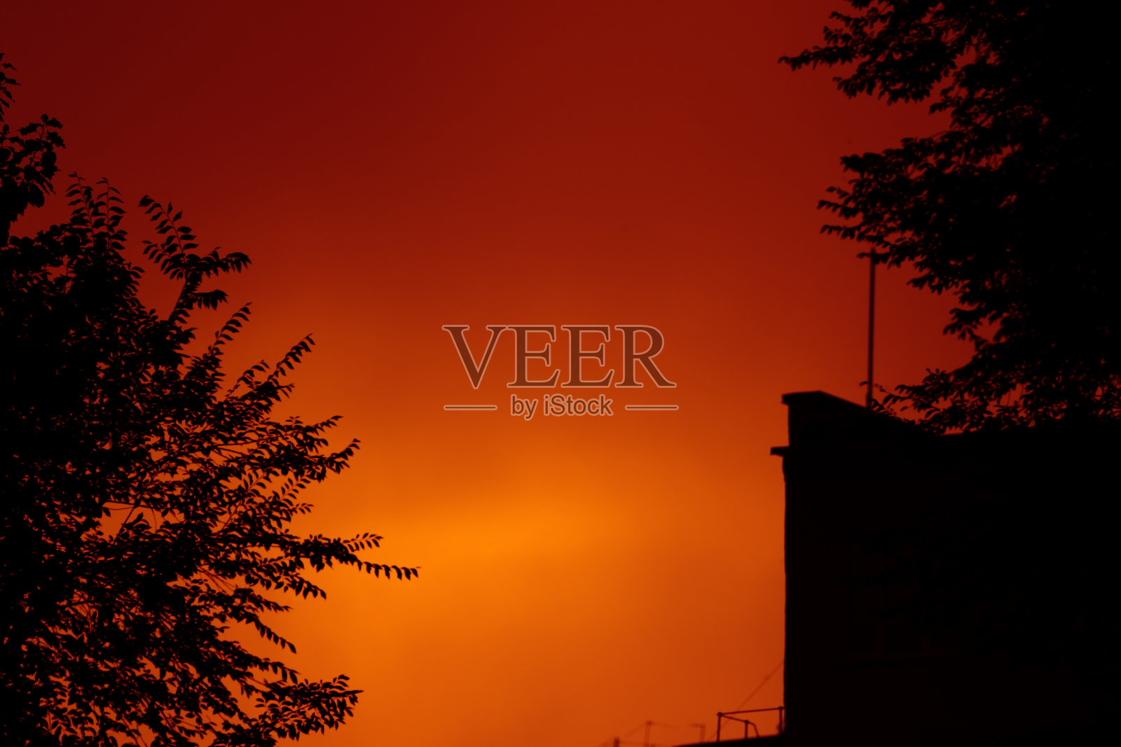 橙色的日落天空映衬着树木和工业建筑的黑色轮廓和剪影。天启。恐惧。危险的天气。抽象的摄影。红色的天空。俄罗斯。萨拉托夫。照片摄影图片