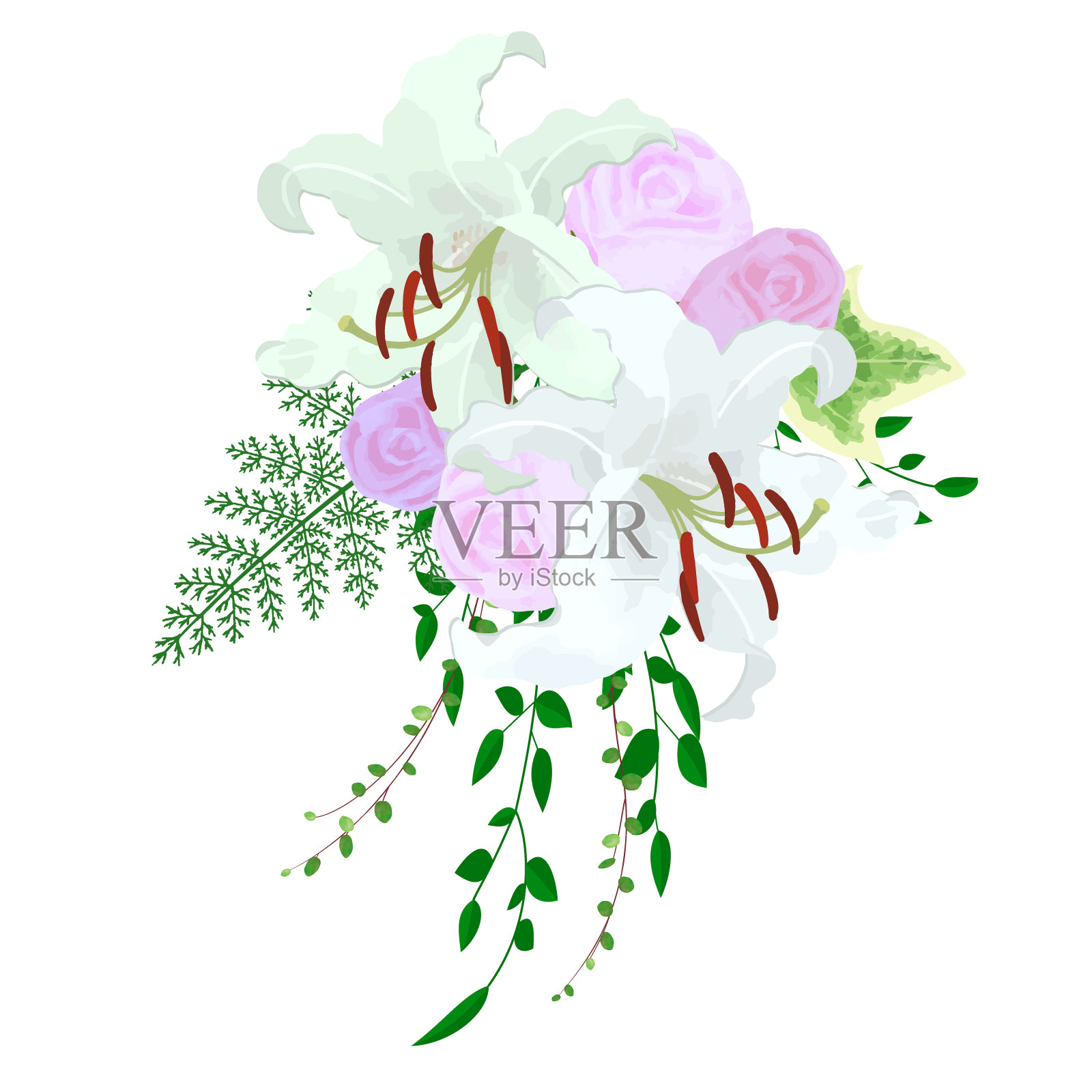 卡萨布兰卡(百合)和玫瑰婚礼花束(胸花)插图插画图片素材