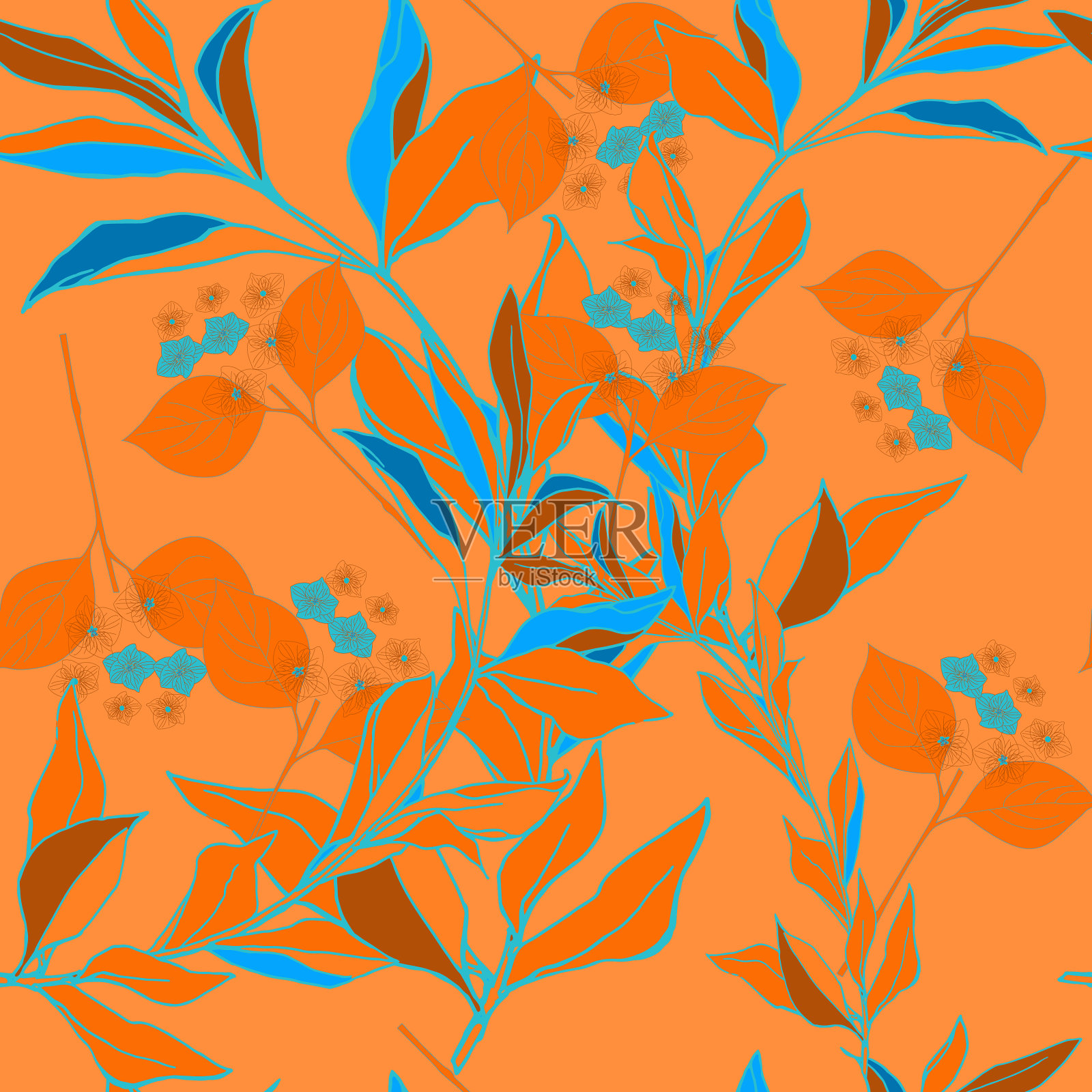 橘黄色树上有蓝色叶子的树枝插画图片素材