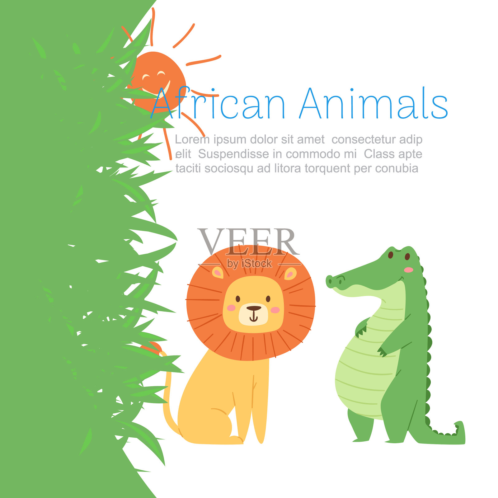 非洲丛林动物狮子和鳄鱼的可爱插画图片素材