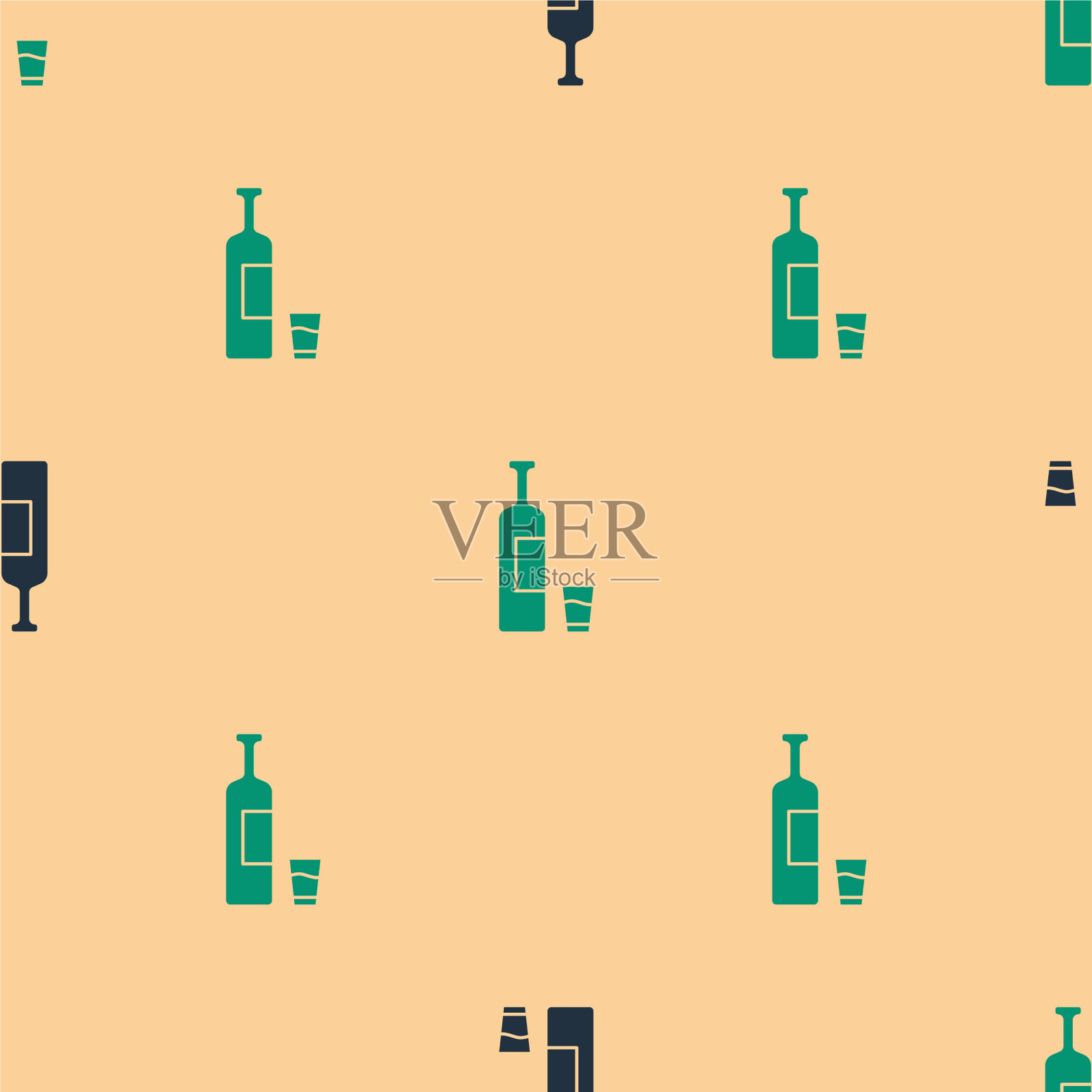 绿色和黑色的威士忌酒瓶和玻璃图标插画图片素材