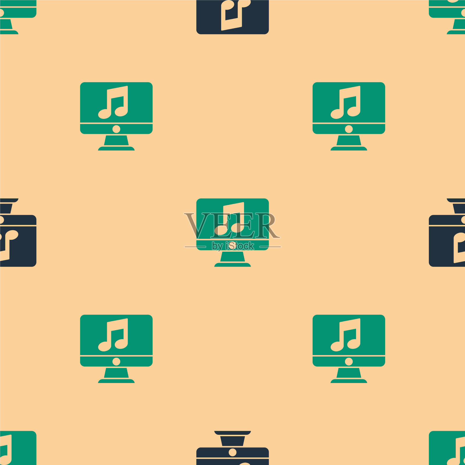 绿色和黑色的电脑与音乐音符符号插画图片素材