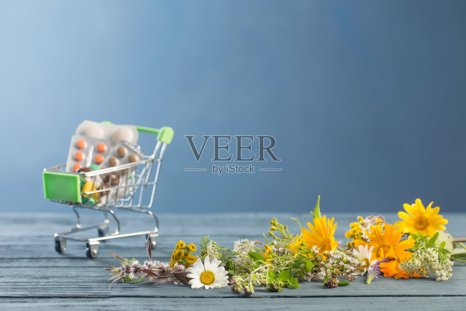 药丸和野生植物上的蓝色背景，自然医学概念照片摄影图片