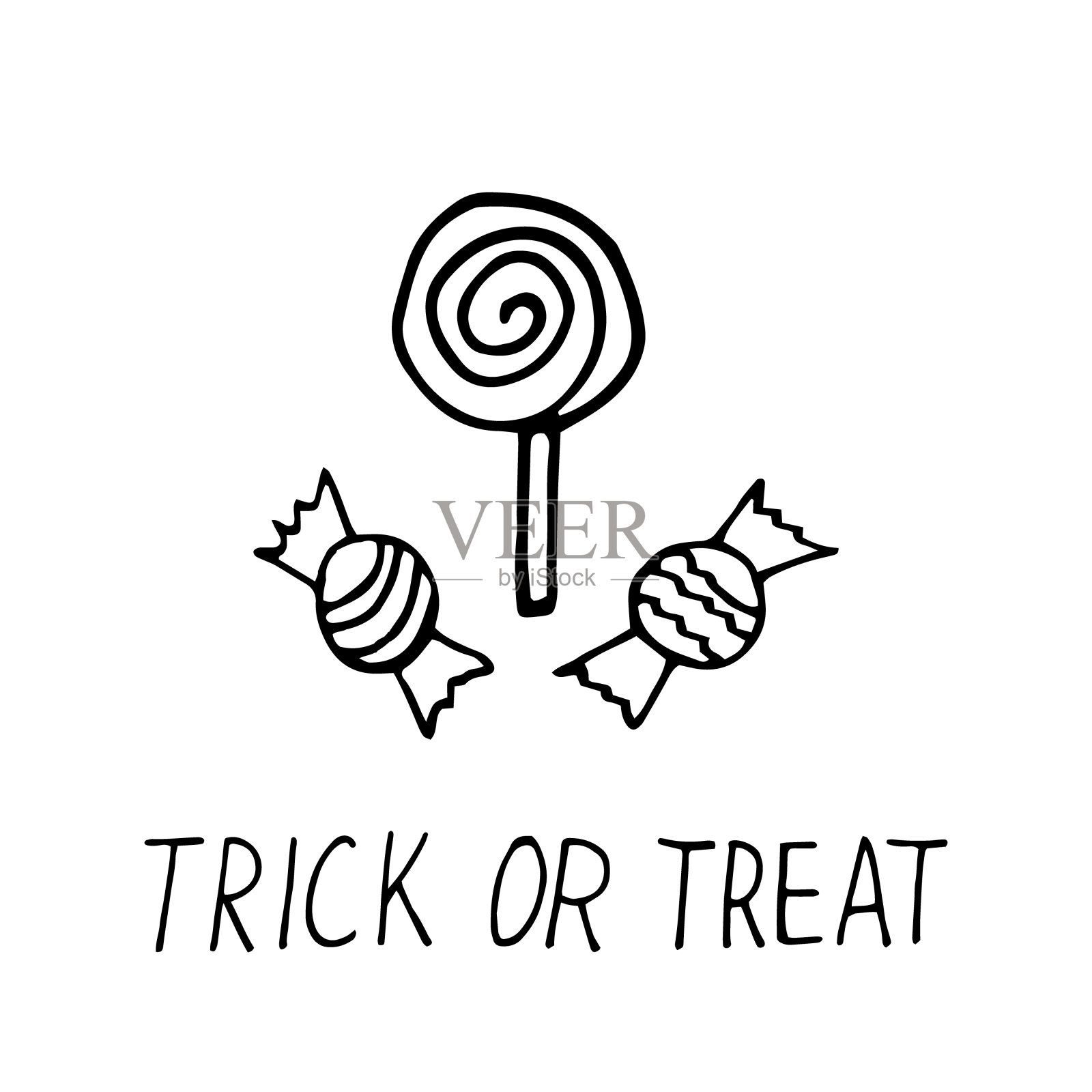 糖果和棒棒糖，手写的“不给糖就捣蛋”涂鸦风格。向量,斯堪的纳维亚,单色。模板设计贴纸，卡片，海报，装饰，糖果，万圣节插画图片素材