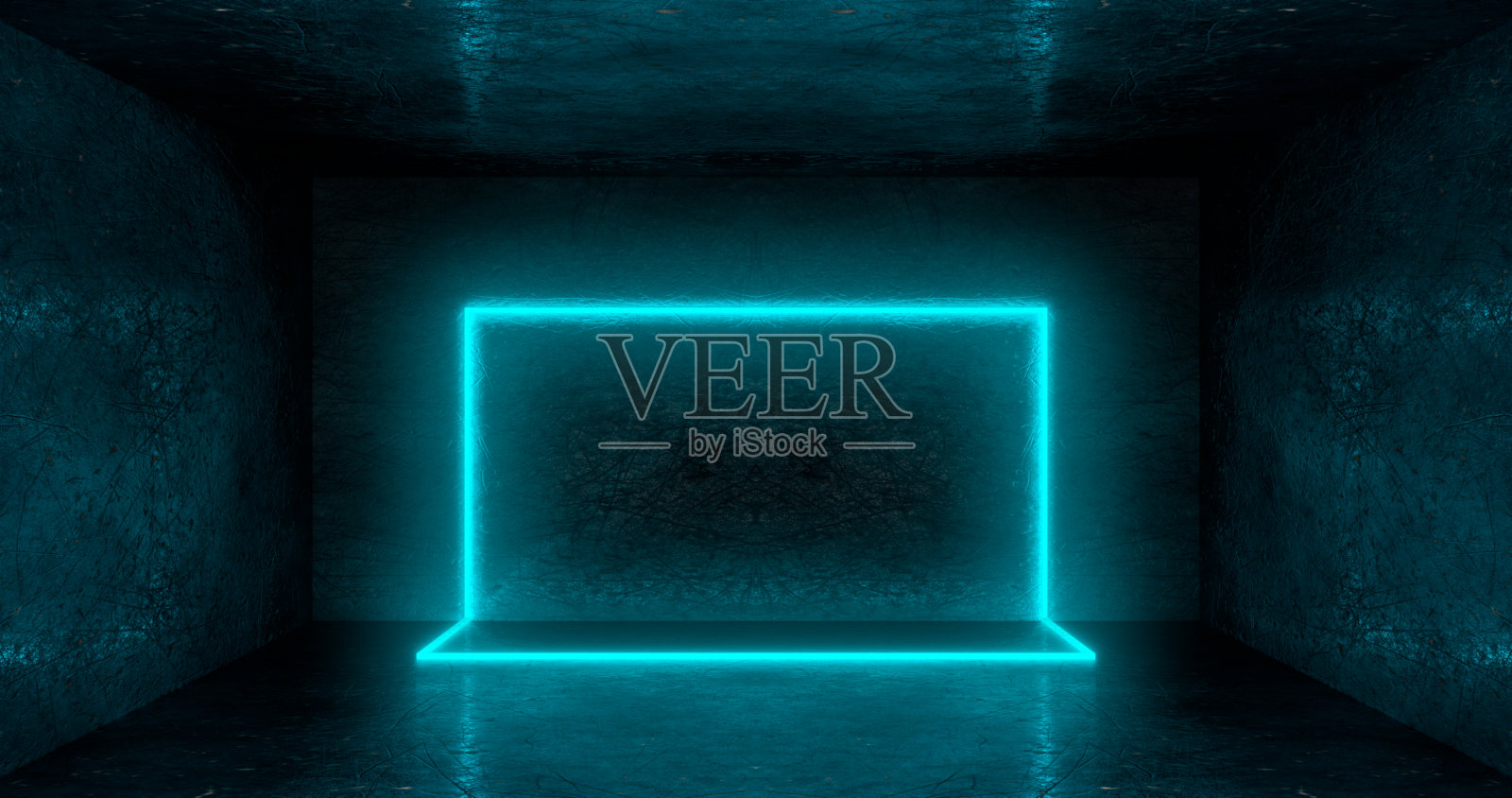 3 d渲染。暗色灯罩在黑暗房间里的浅蓝色霓虹灯矩形或正方形墙上有光泽的舱口。照片摄影图片