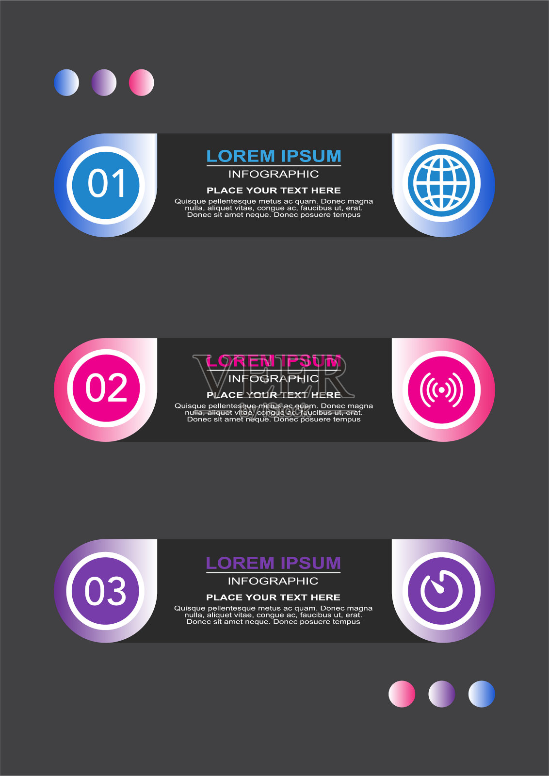 矢量插图信息图设计模板与图标和3个选项或步骤。可用于流程，演示，布局，横幅。图标素材