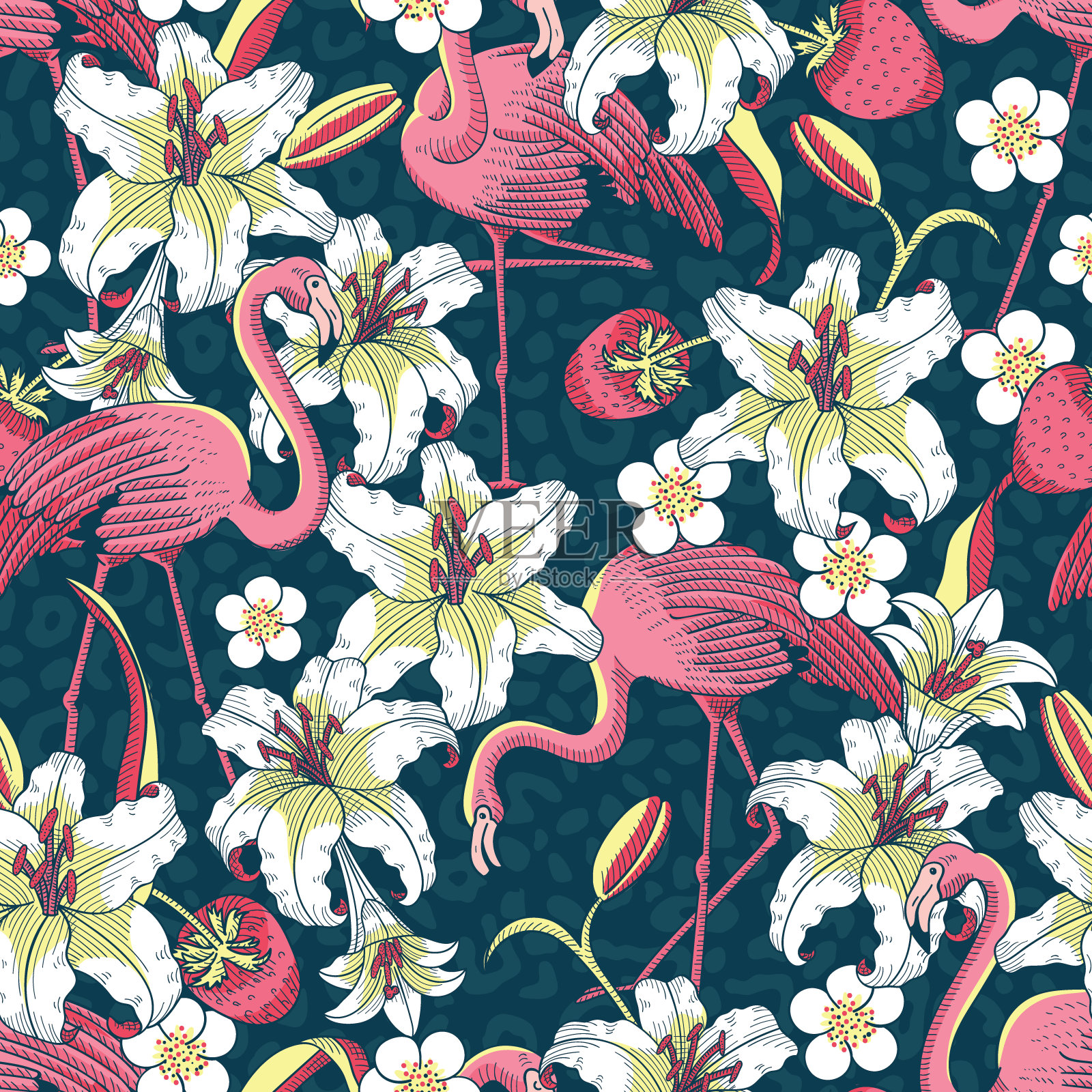 热带火烈鸟和百合矢量无缝模式插画图片素材