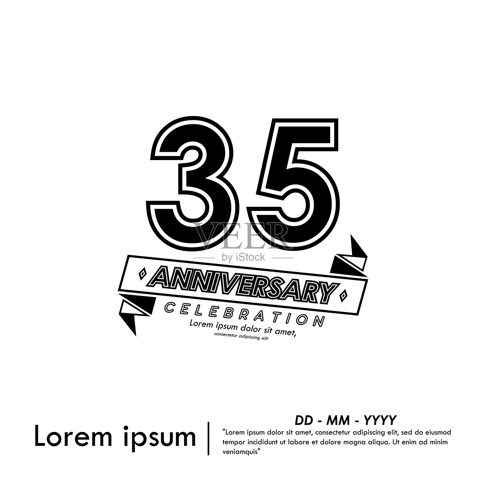 35周年庆典会徽。周年纪念与丝带黑白邮票孤立，矢量插图模板设计的网页，庆祝卡和邀请卡设计模板素材