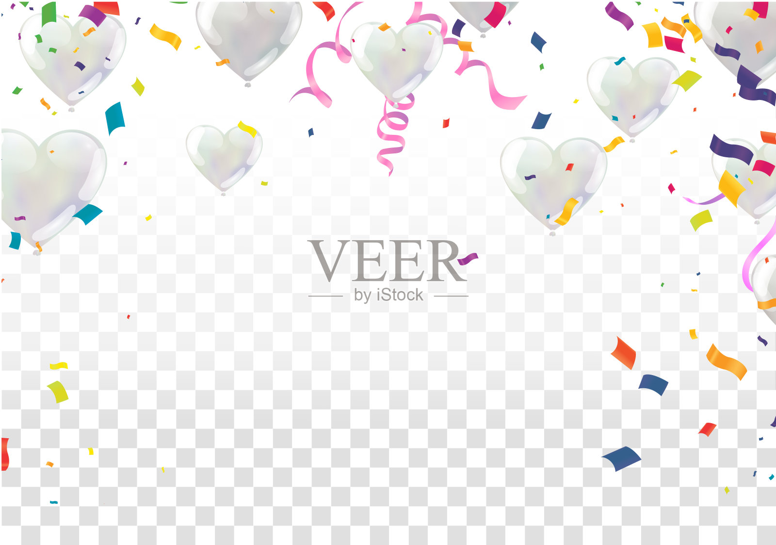 用彩色气球，花环和五彩纸屑覆盖白色。庆典背景模板插画图片素材