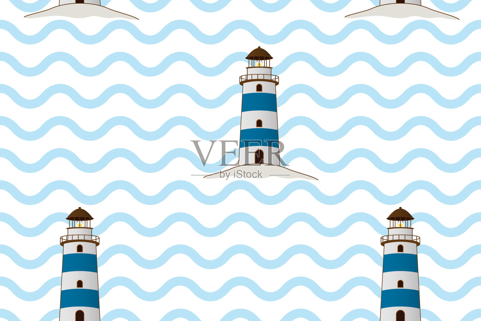 经典的灯塔矢量插图。蓝色灯塔在海浪上无缝连接。插画图片素材