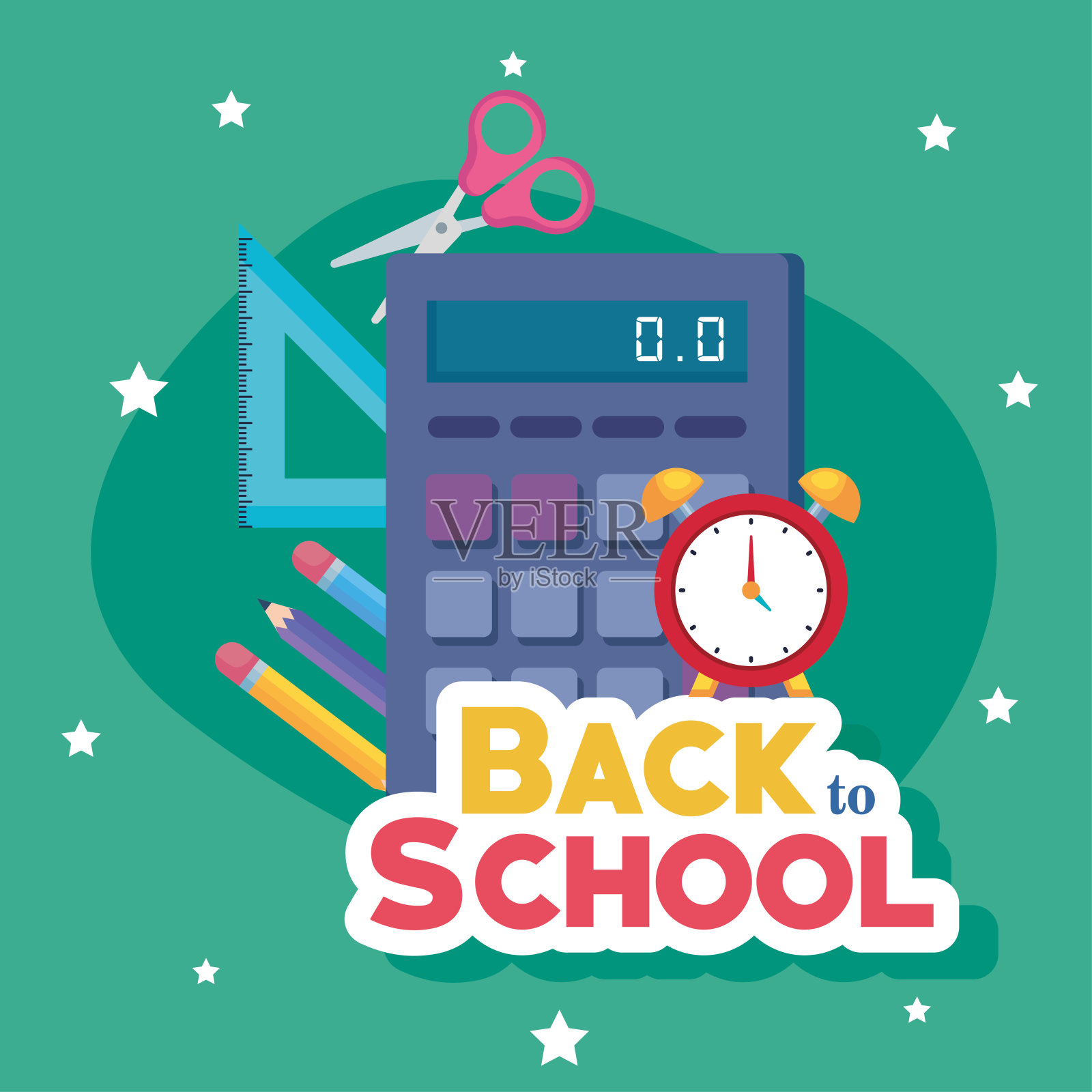 计算器，时钟，剪刀，尺子和铅笔矢量设计插画图片素材