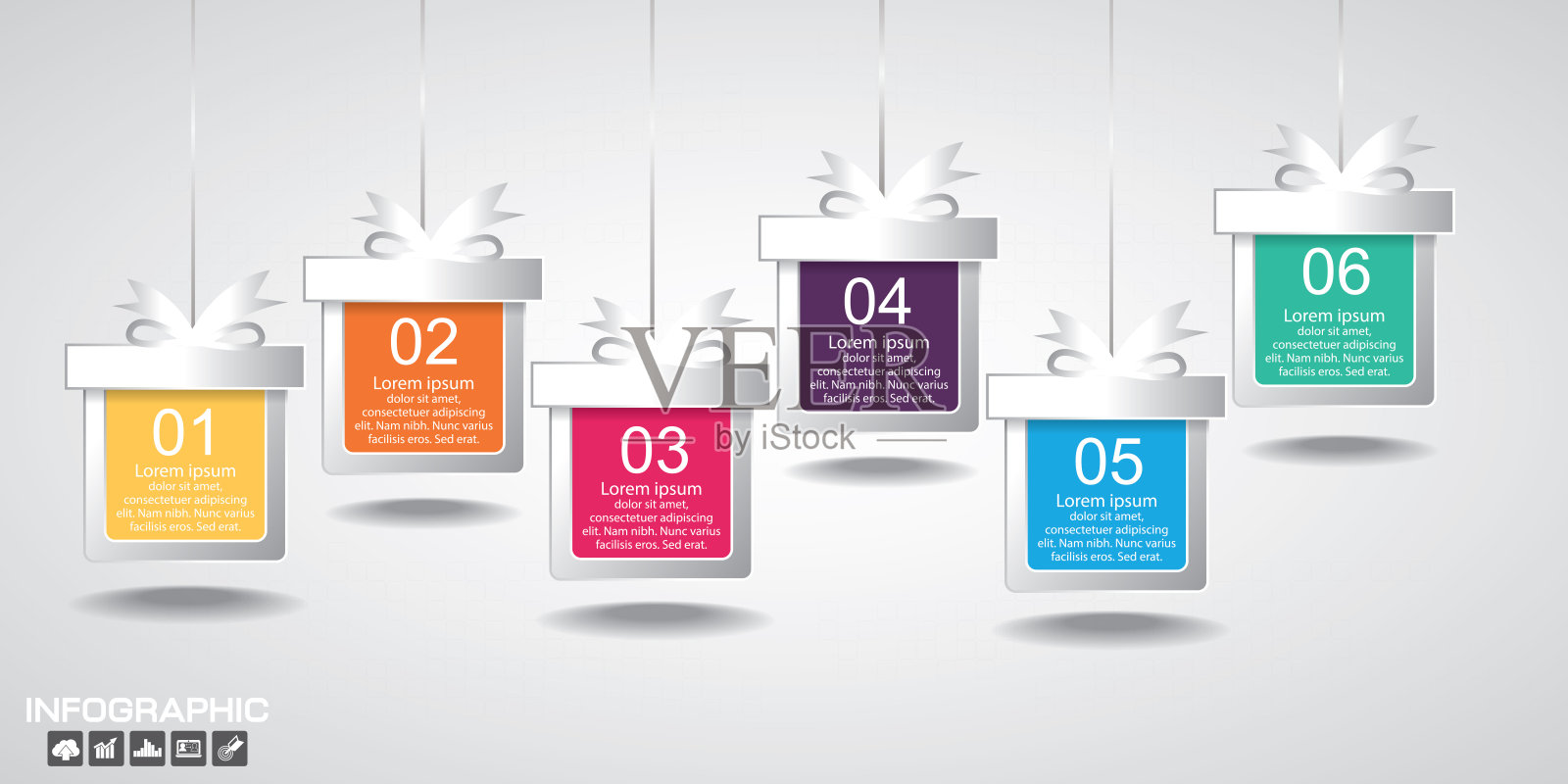 时间线信息图礼品盒模板与6个选项，过程图，矢量eps10插图设计模板素材