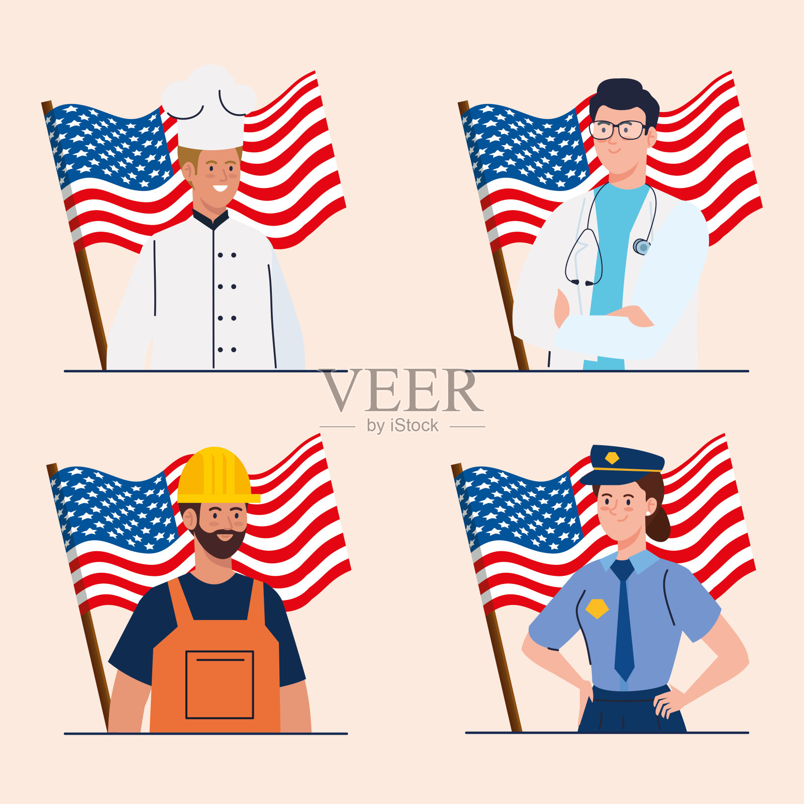 厨师，医生，建设者和警察，美国国旗矢量设计插画图片素材