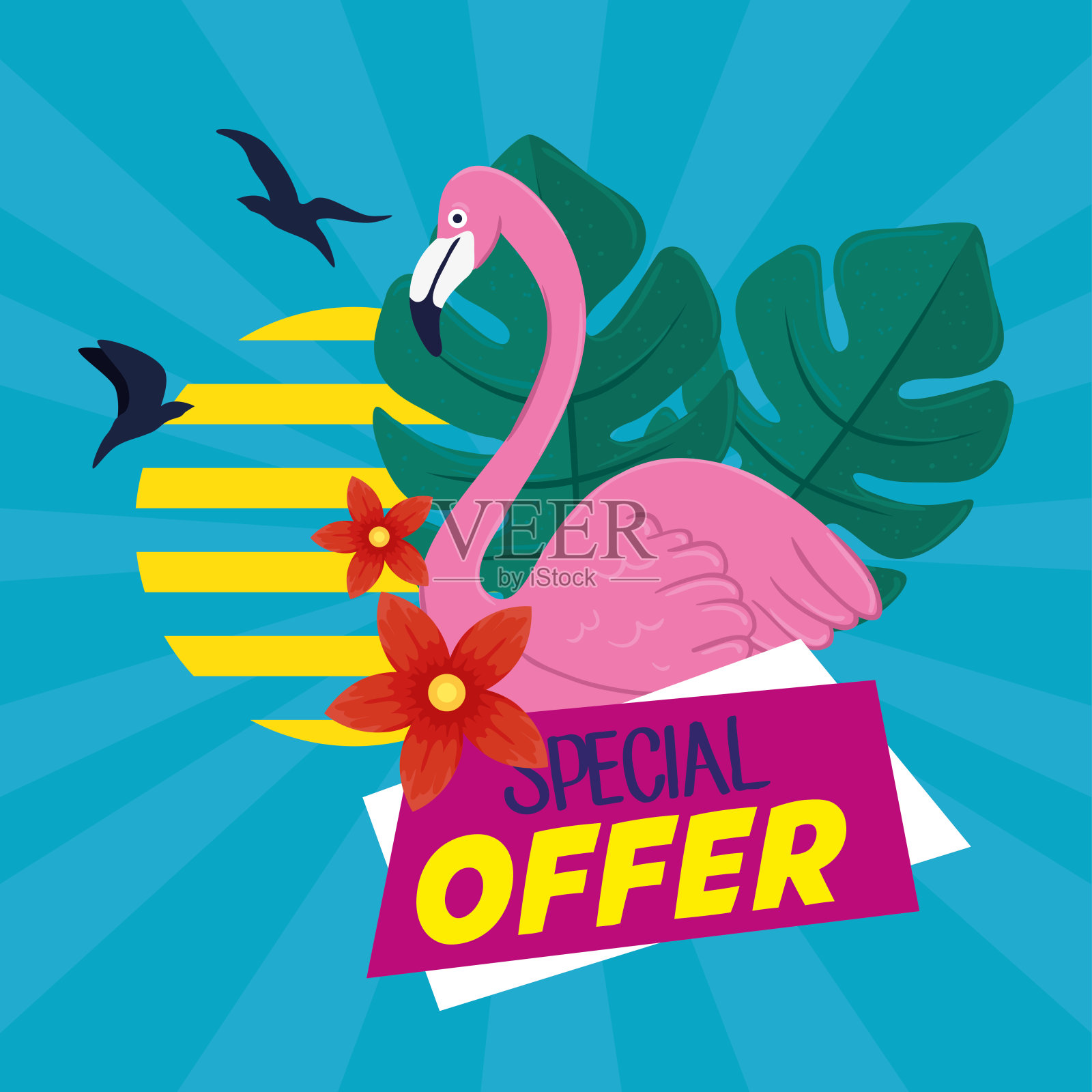 夏季促销条幅，带有佛兰芒图案的季节折扣海报，热带树叶和鸟儿飞舞的海报，附有特价标签的购物邀请设计元素图片