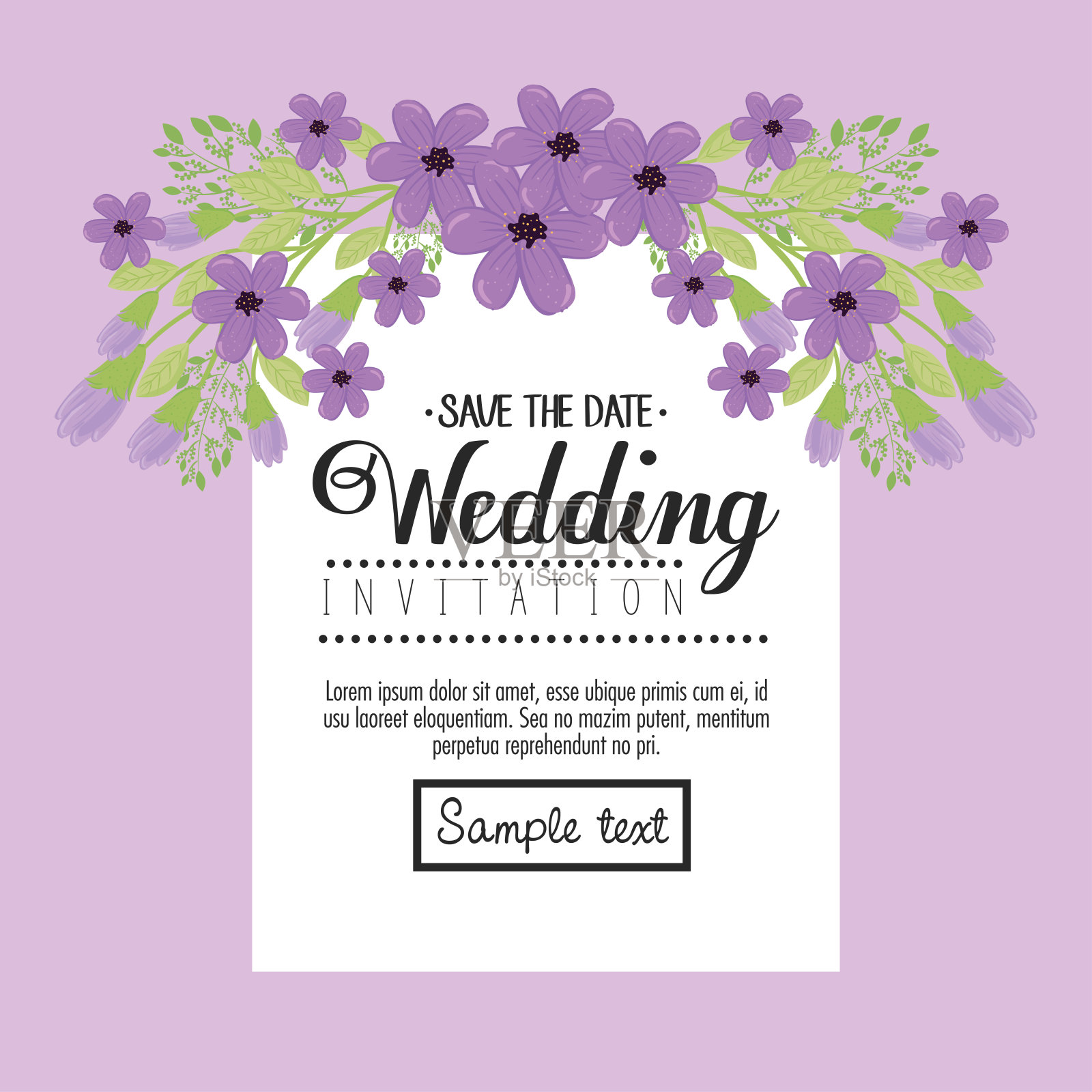婚礼请柬用紫色的花朵和叶子矢量设计设计模板素材