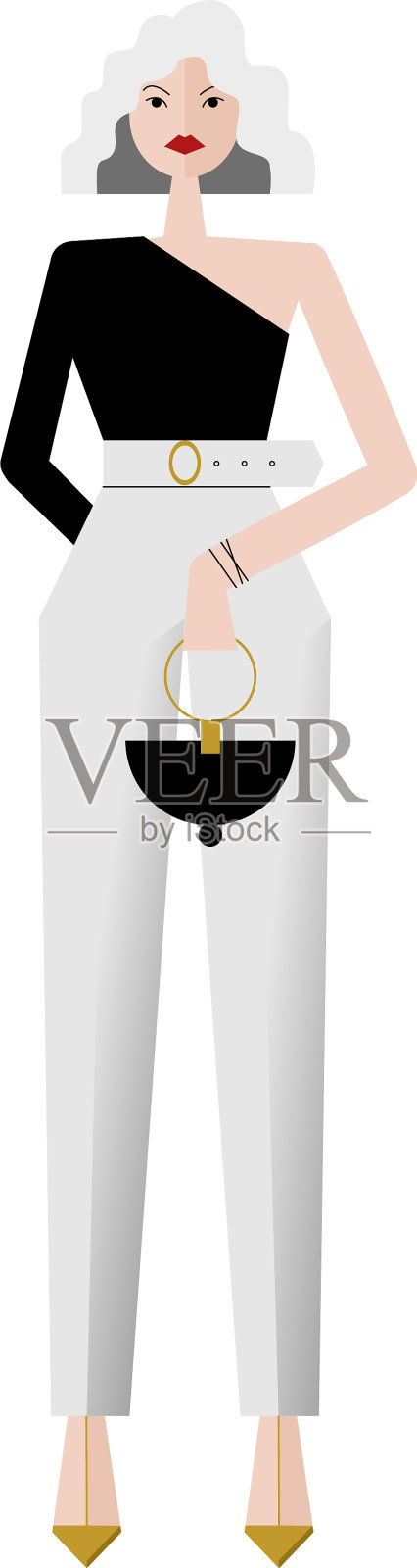 卷曲的女孩模型与灰色短发时尚插画图片素材