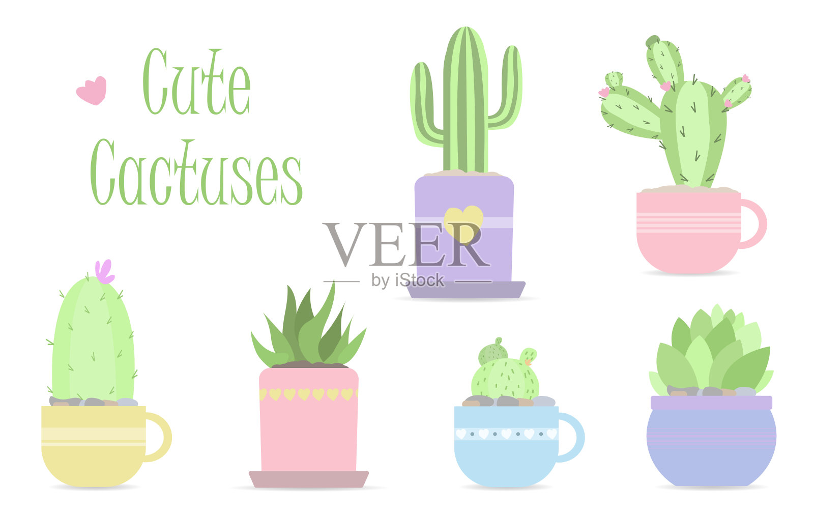 一套可爱的矢量仙人掌在柔和的颜色。现代设计中的平面矢量插图。6个孤立的仙人掌和多肉植物在美丽的花盆里装饰家庭。插画图片素材