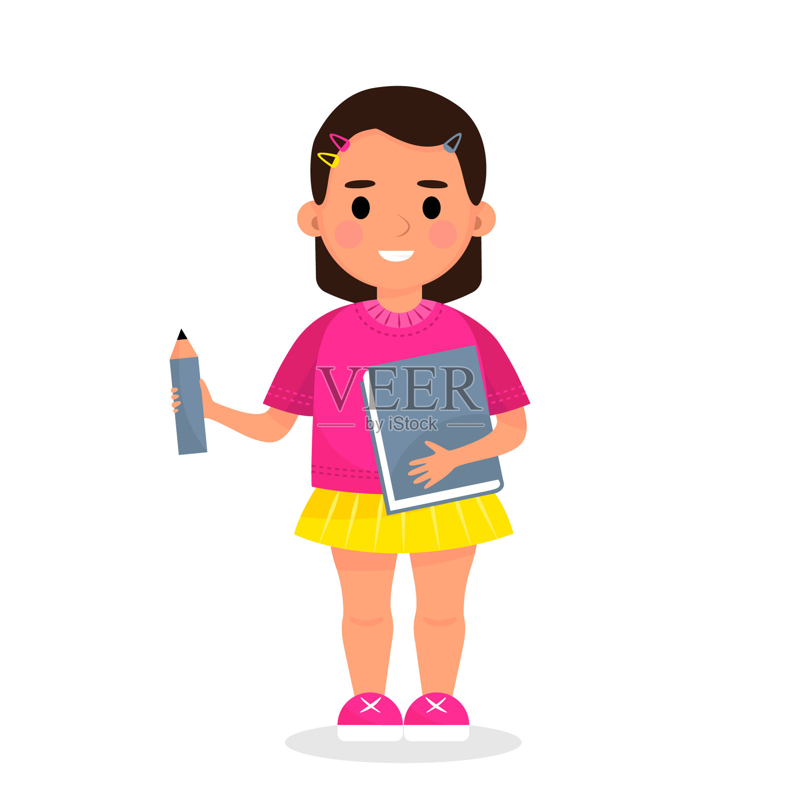 一个快乐的女孩穿着t恤和裙子，手里拿着一本书和铅笔。矢量插图孤立在白色背景上。插画图片素材
