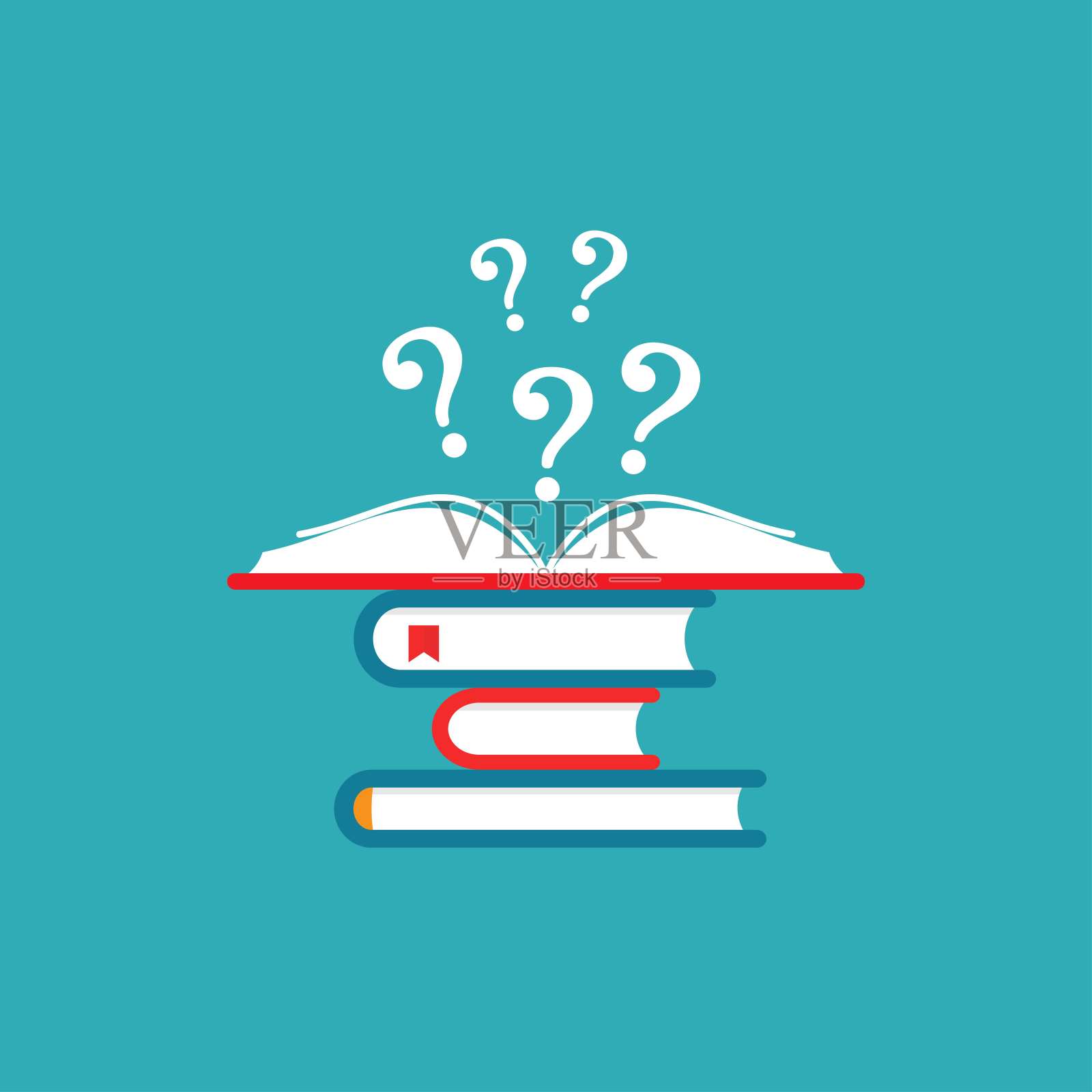 一堆书和打开的书，红封面和白色问号飞出来。插画图片素材