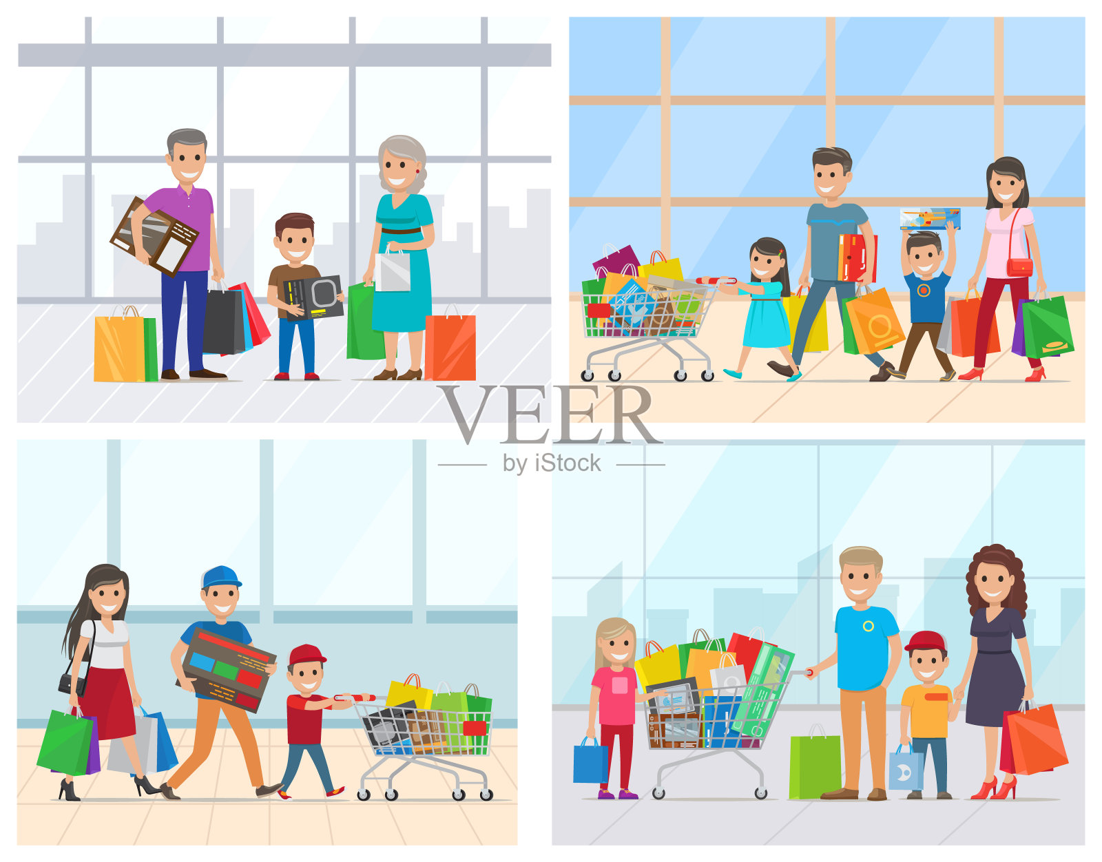 超市里的家庭，拿着袋子的人插画图片素材