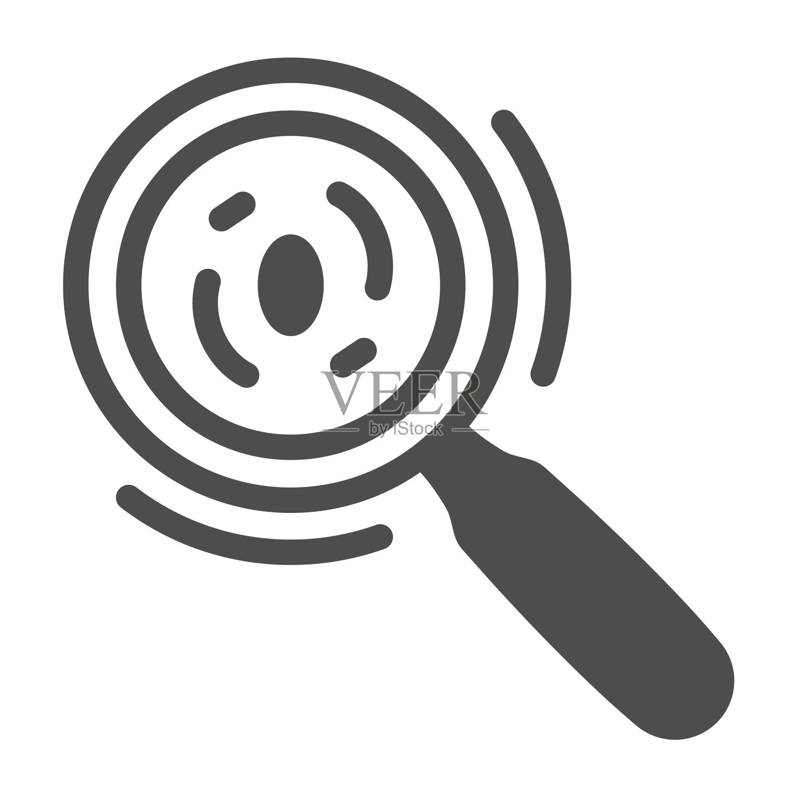 放大镜下的微生物线图标，科学概念，白色背景上的放大镜下的细菌和细菌标志，轮廓上的放大镜下的病毒图标。向量图形。插画图片素材