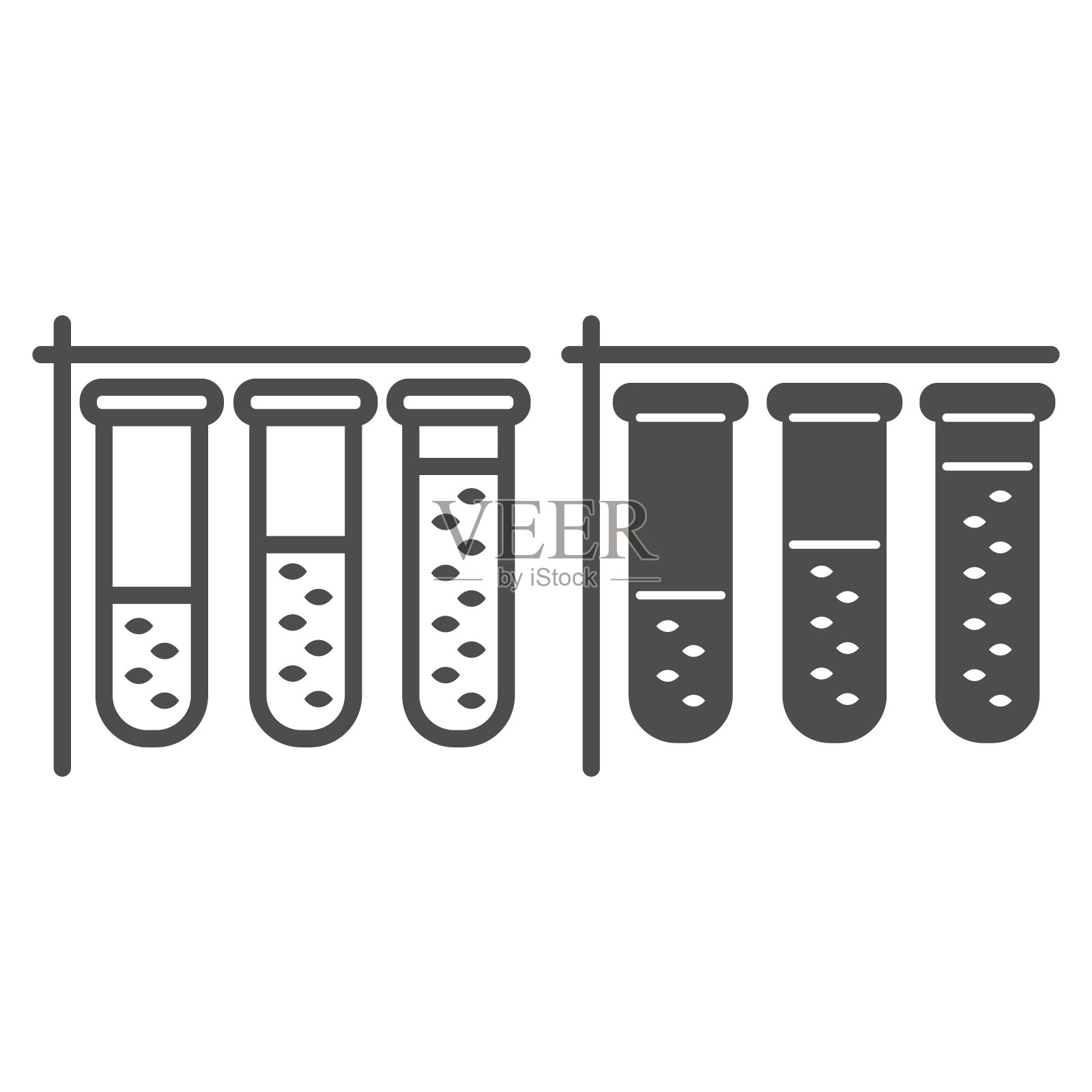 试管有液体线和固体图标，化学研究和科学概念，实验室设备标志在白色背景，实验室试管图标在轮廓风格移动。矢量图形。插画图片素材