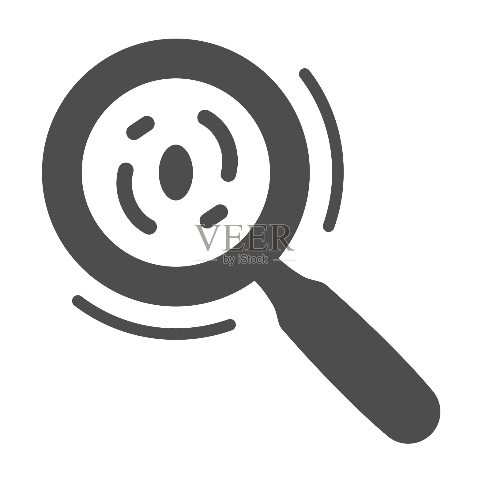 放大镜下的微生物实体图标，科学概念，白色背景上的放大镜下的细菌和细菌标志，放大镜下的病毒图标。向量图形。插画图片素材