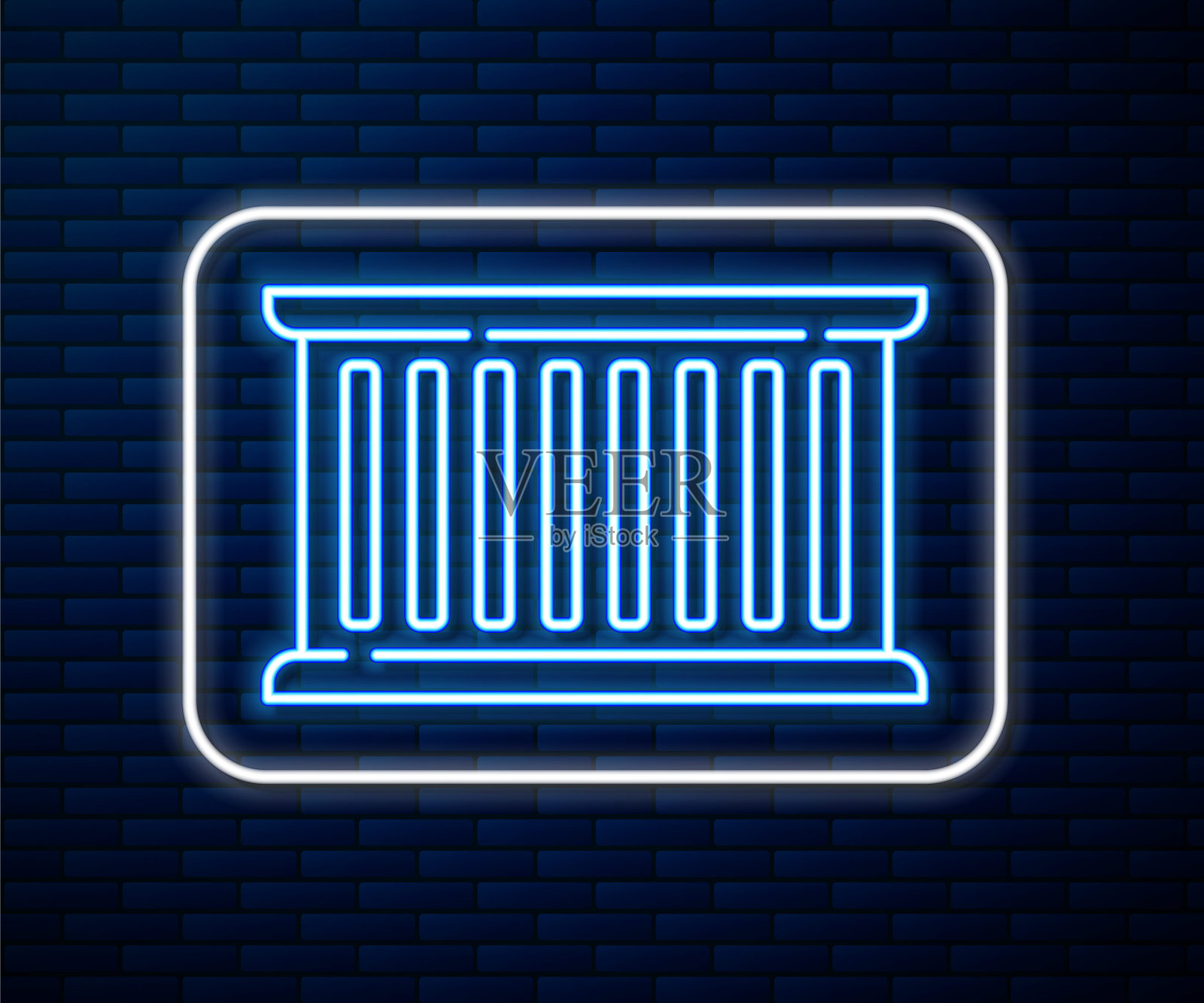 发光的霓虹灯线容器图标孤立在砖墙背景上。起重机吊起装有货物的集装箱。矢量图插画图片素材