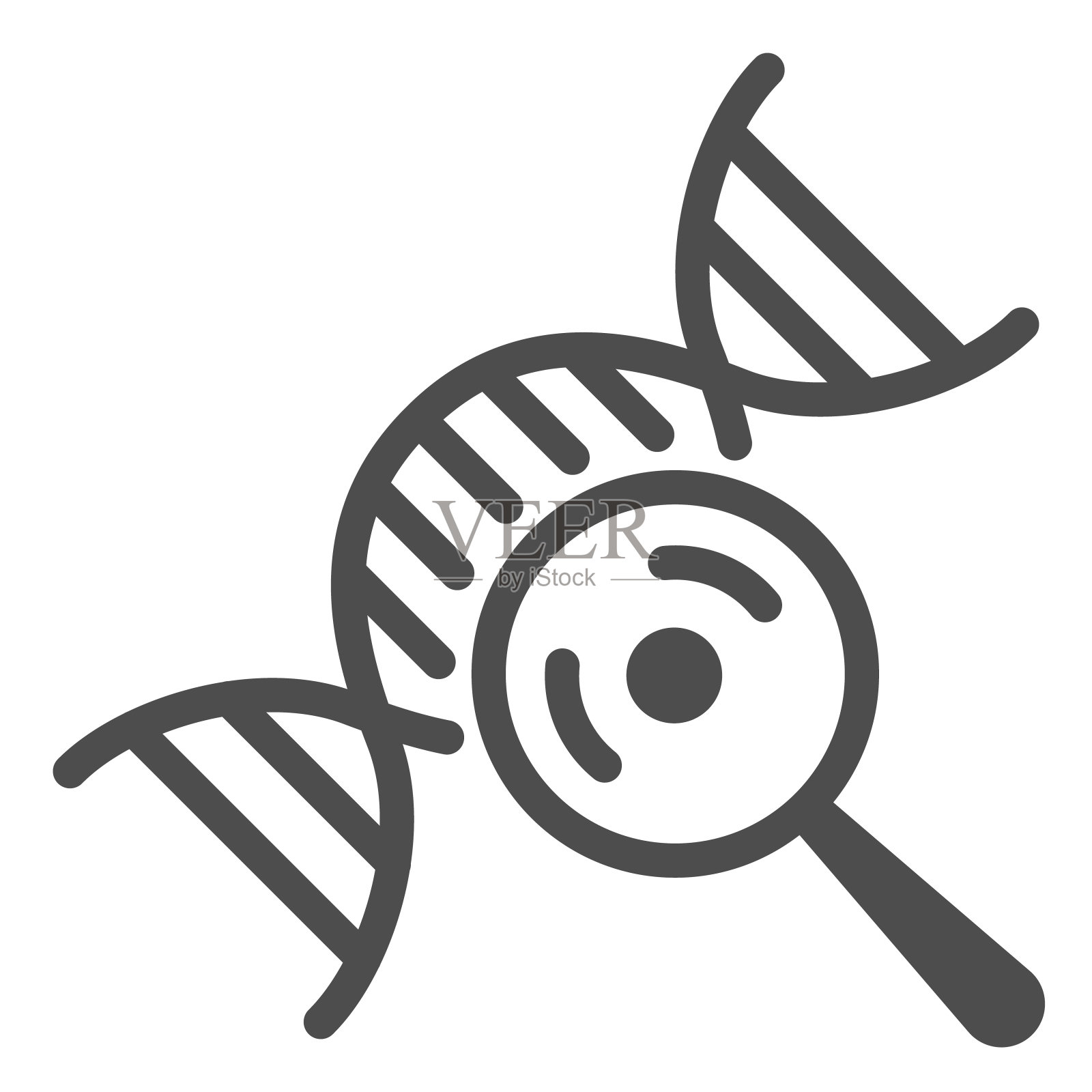 DNA链和放大镜线图标，科学概念，白色背景上的DNA研究标志，遗传测试与放大镜图标轮廓风格的移动和web。矢量图形。插画图片素材