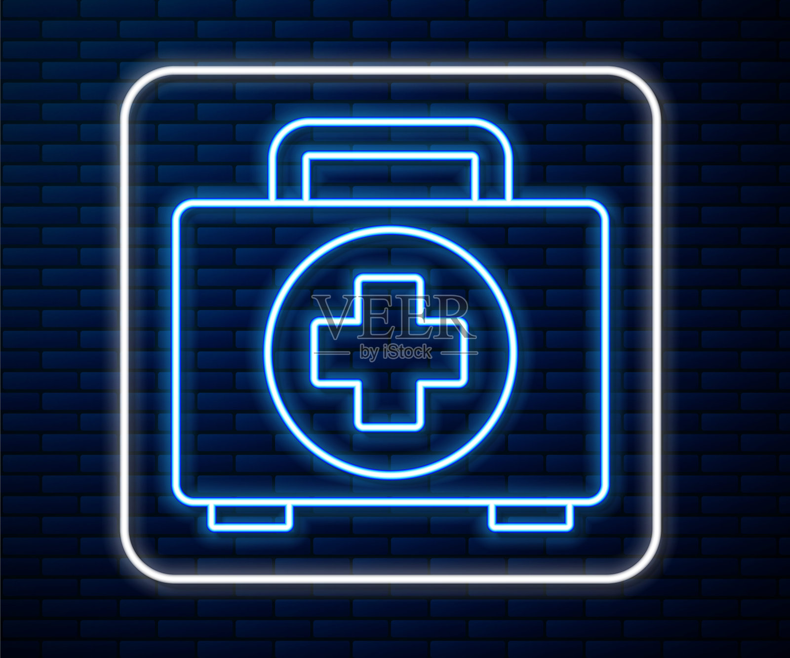 霓虹灯线急救箱图标孤立在砖墙的背景上。十字医疗箱。应急医疗设备。医疗保健的概念。矢量图插画图片素材