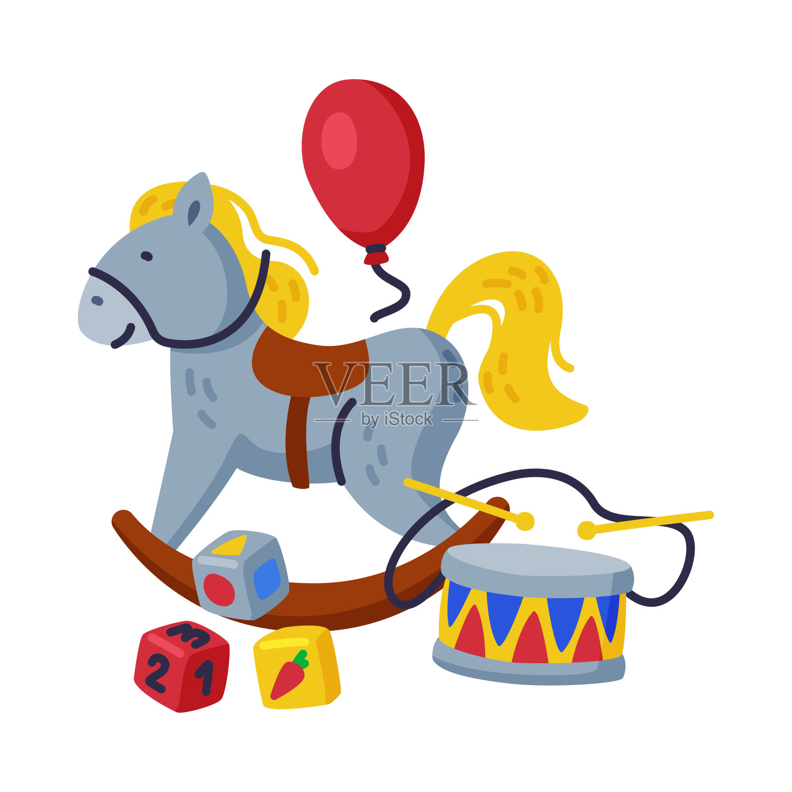 采购产品婴儿玩具套装，摇摆马，鼓，立方体，气球可爱的彩色物体的儿童发展和娱乐卡通矢量插图在白色的背景插画图片素材