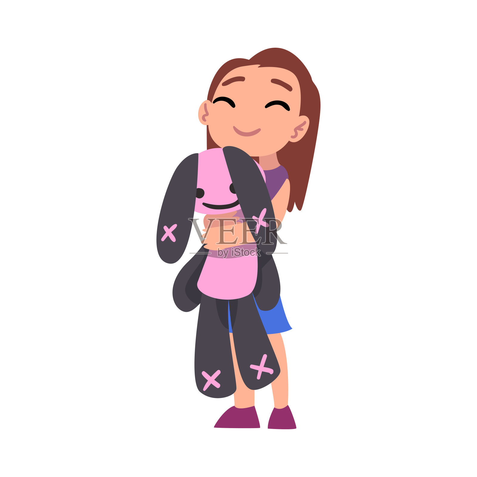 可爱的女孩拥抱柔软的毛绒兔子，可爱的孩子玩她最喜欢的玩具卡通矢量插图在白色的背景插画图片素材