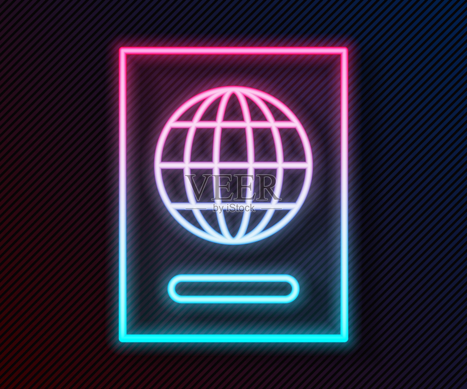 发光霓虹灯线护照与生物特征数据图标隔离在黑色背景。身份证明文件。矢量图插画图片素材