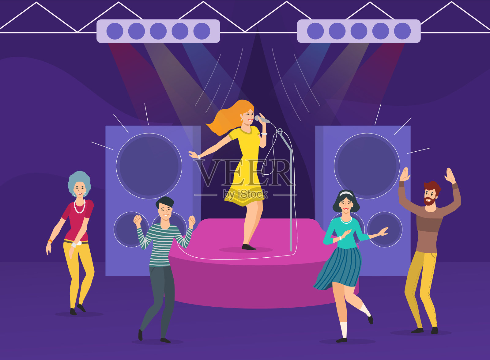 年轻女子在舞台上唱卡拉ok插画图片素材