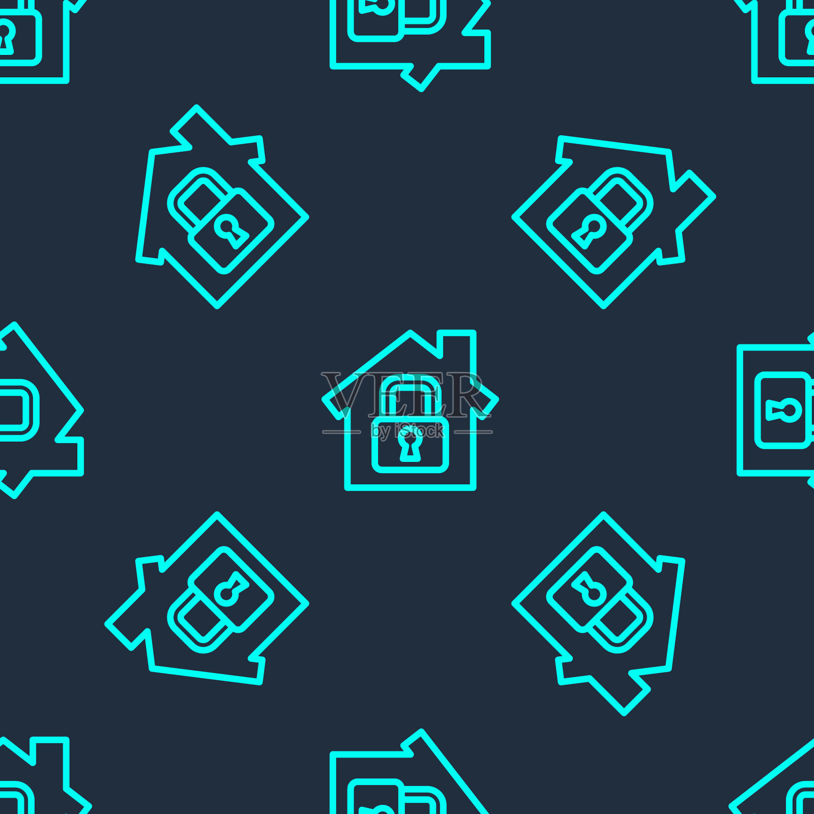 绿线房子在保护图标隔离无缝模式上的蓝色背景。家和锁。保护、安全、保障、保护、防御的理念。矢量图插画图片素材