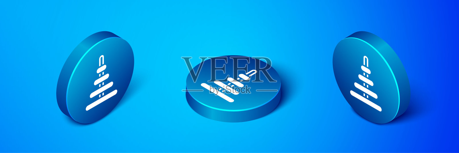 等距金字塔玩具图标孤立在蓝色背景。蓝色圆按钮。向量设计元素图片