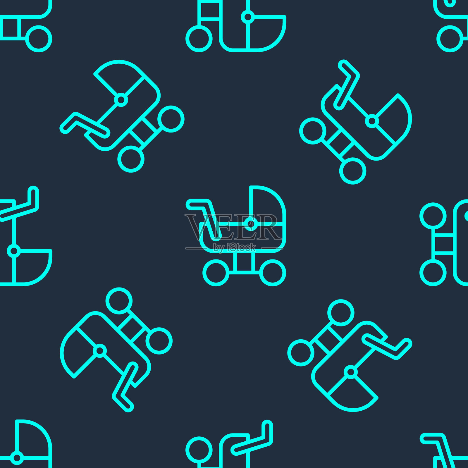 绿色线婴儿推车图标孤立无缝模式上的蓝色背景。婴儿车，手推车，婴儿车，手推车，手推车。向量插画图片素材