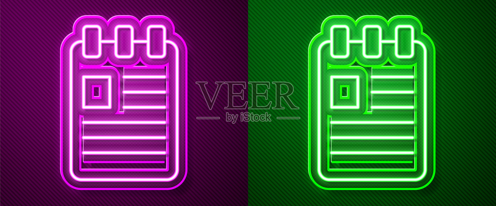 发光的霓虹灯线笔记本图标孤立在紫色和绿色的背景。螺旋记事本图标。学校的笔记本。书写纸。学校的日记。矢量图插画图片素材