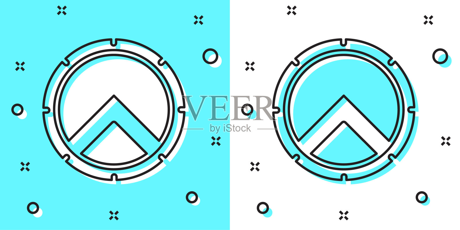 黑线希腊盾与希腊装饰图标孤立在绿色和白色的背景。随机动态形状。向量插画图片素材
