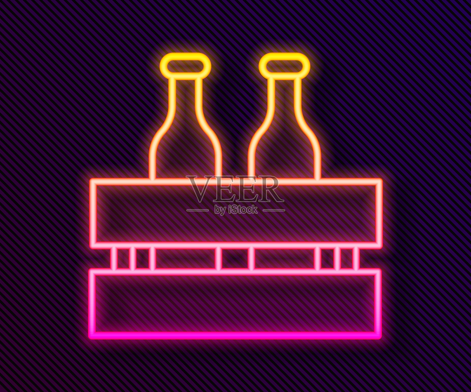 发光的霓虹灯线包装啤酒瓶图标孤立在黑色背景。木箱和啤酒瓶。箱箱啤酒箱标志。矢量图插画图片素材