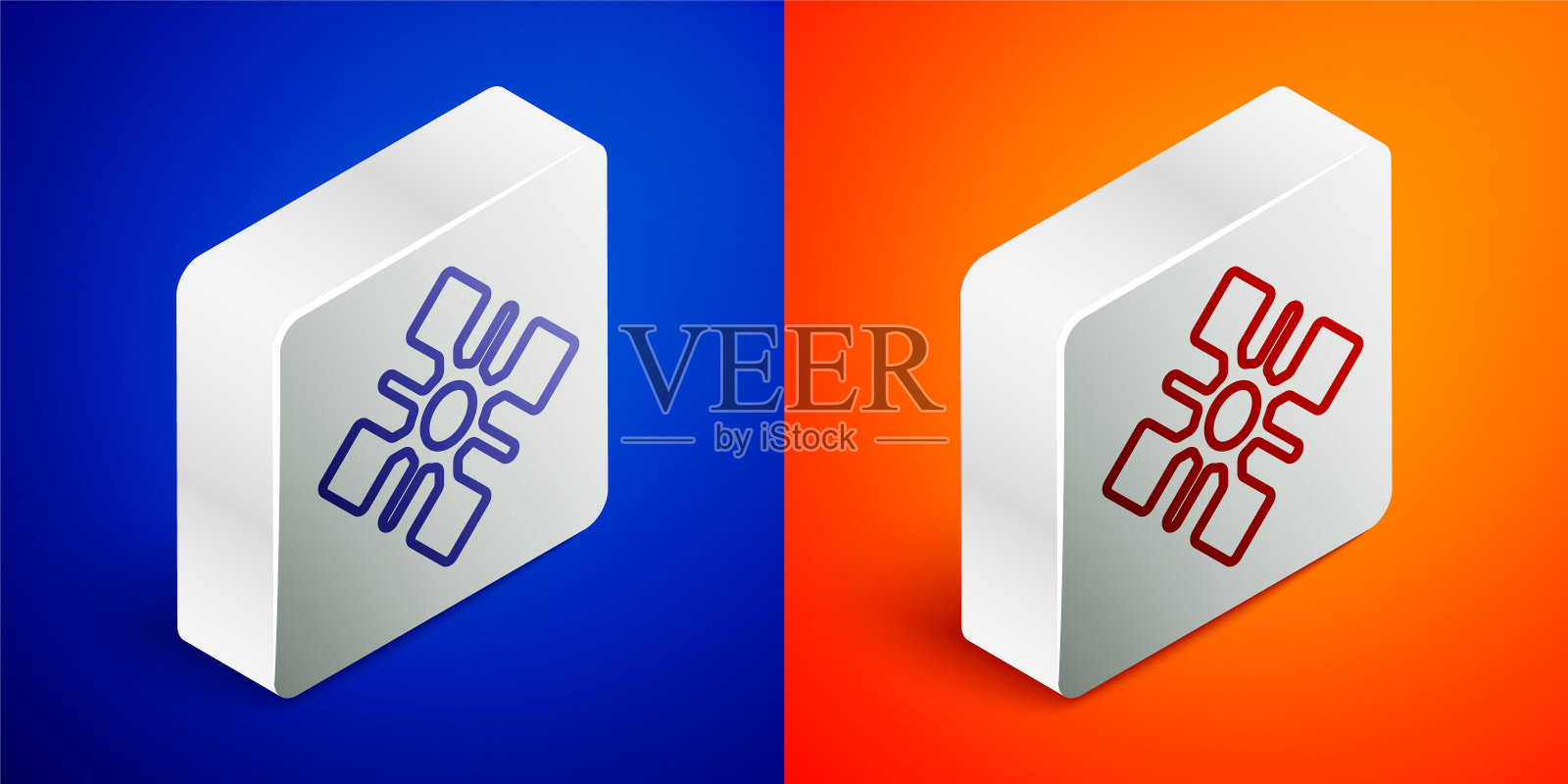 等距线雪花图标孤立在蓝色和橙色的背景。银广场按钮。向量图标素材