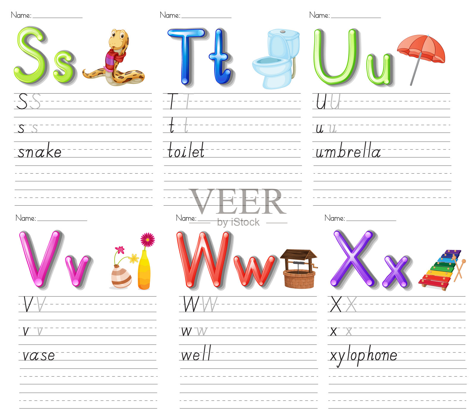 一套字母表工作表在白纸上插画图片素材