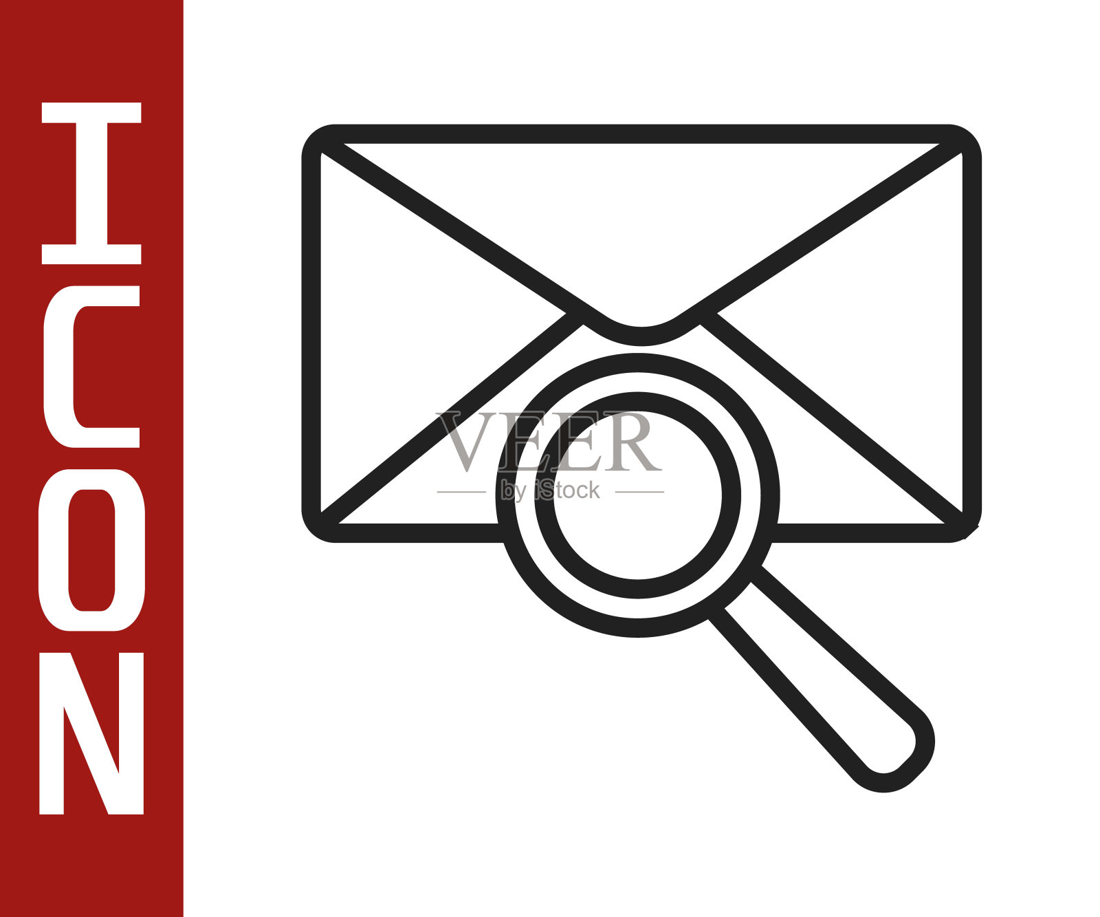 黑线信封邮件与放大镜图标隔离在白色背景。矢量图插画图片素材